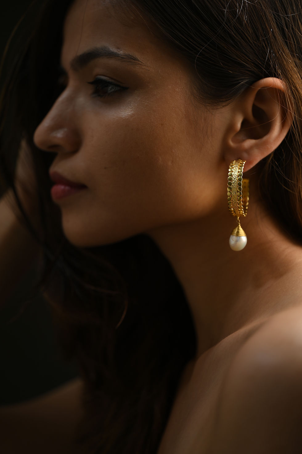 Thumbnail: Stylish intricate design hoop earrings with a dangling pearl — a trendy statement accessory - luxury statement accessory
