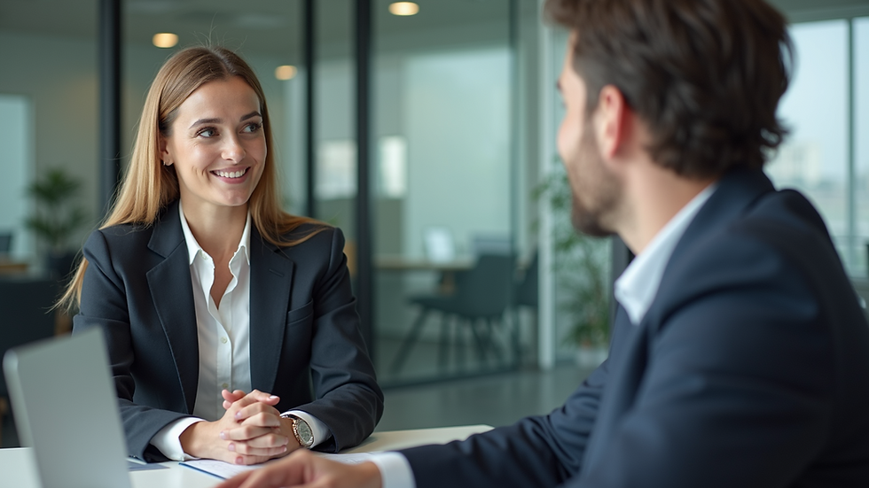 Eye-level view of a business coach engaging with a client in a modern office setting PPT Consulting Services