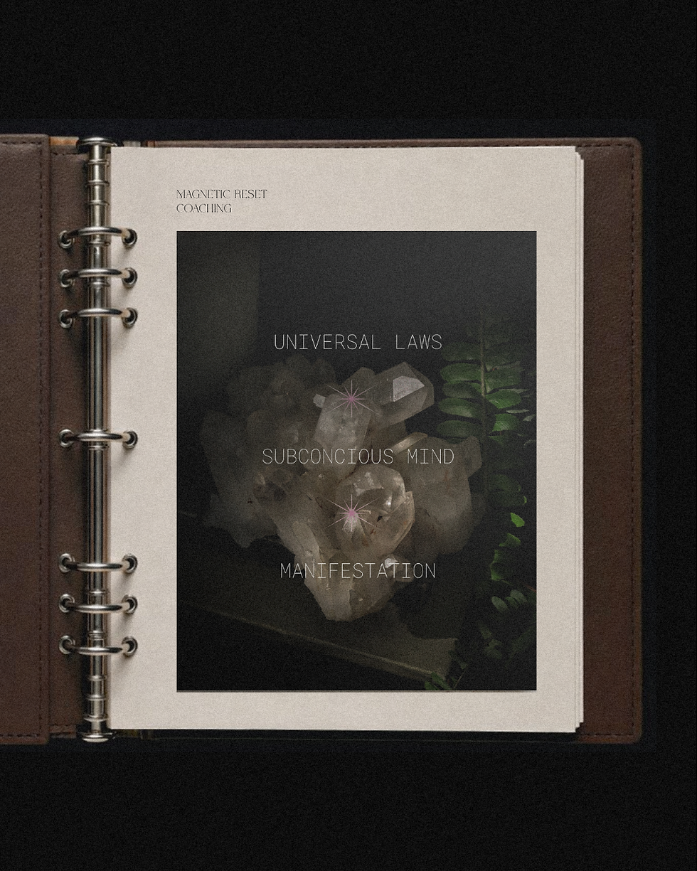 Brand identity mockup on brown binder with image of a crystal