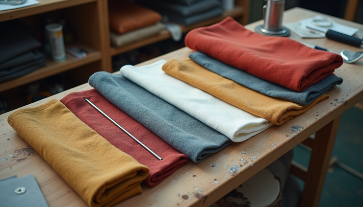 High angle view of fabric swatches and upholstery tools on a workbench at Loft Furniture & Fabric workshop