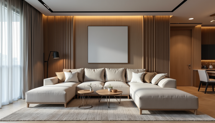 High angle view of a completed sofa upholstery project in a stylish Singapore apartment