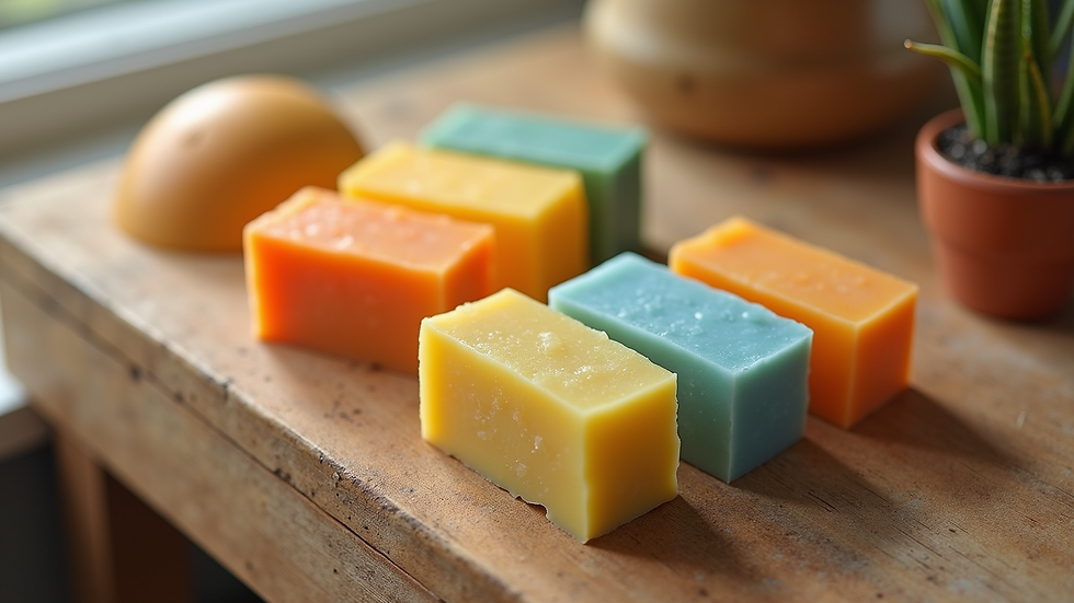 High angle view of colorful soap bars arranged on a wooden table