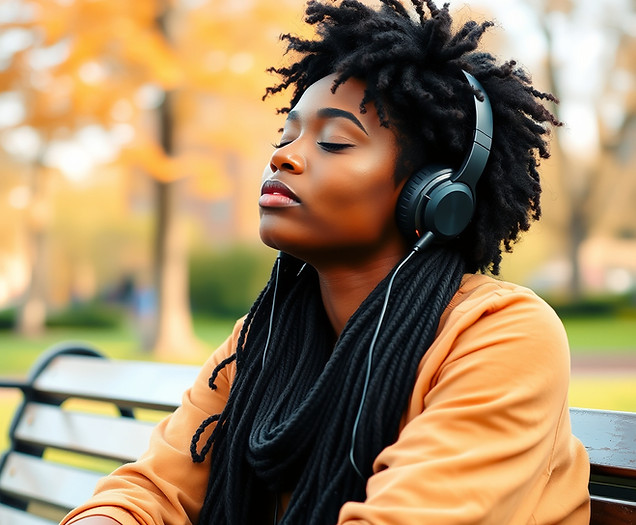 a young black woman sitting at a park with headphones on and her eyes closed.jpg