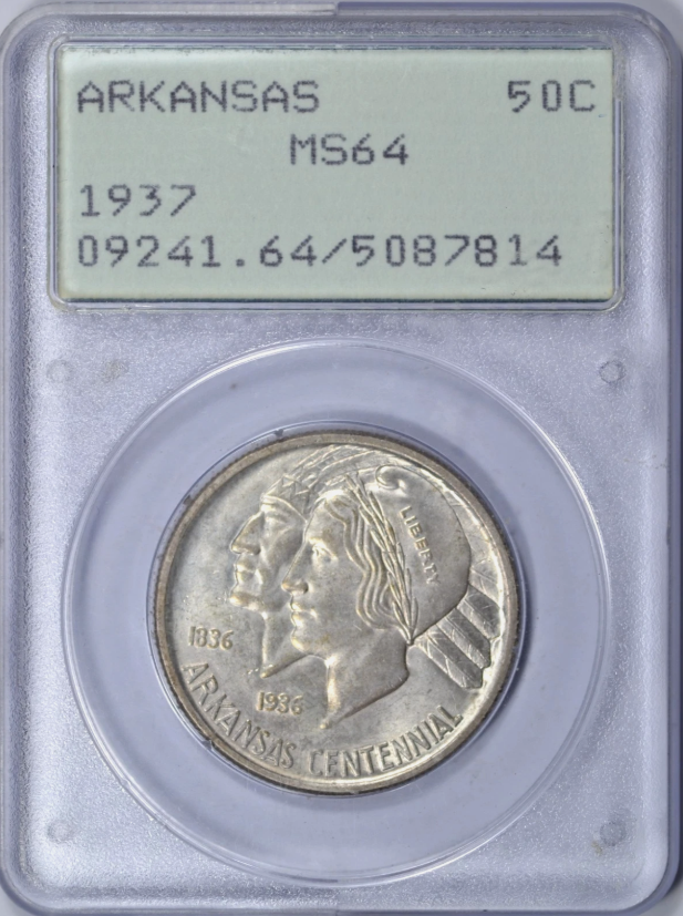 1937 ARKANSAS COMMEMORATIVE HALF DOLLAR PCGS MS64 RATTLER OGH NICE