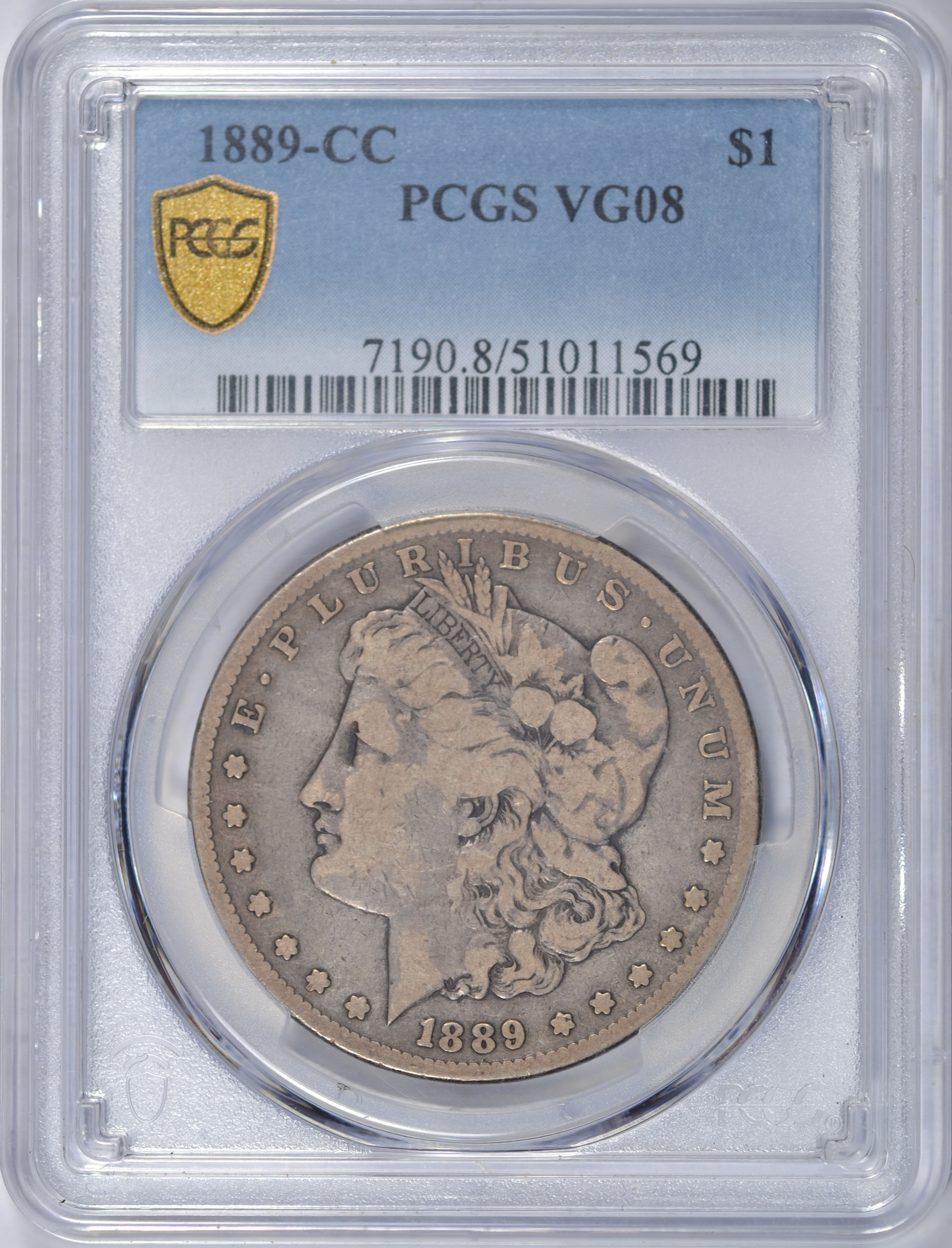1889-CC MORGAN SILVER DOLLAR PCGS VG8 KEY DATE NICE COIN