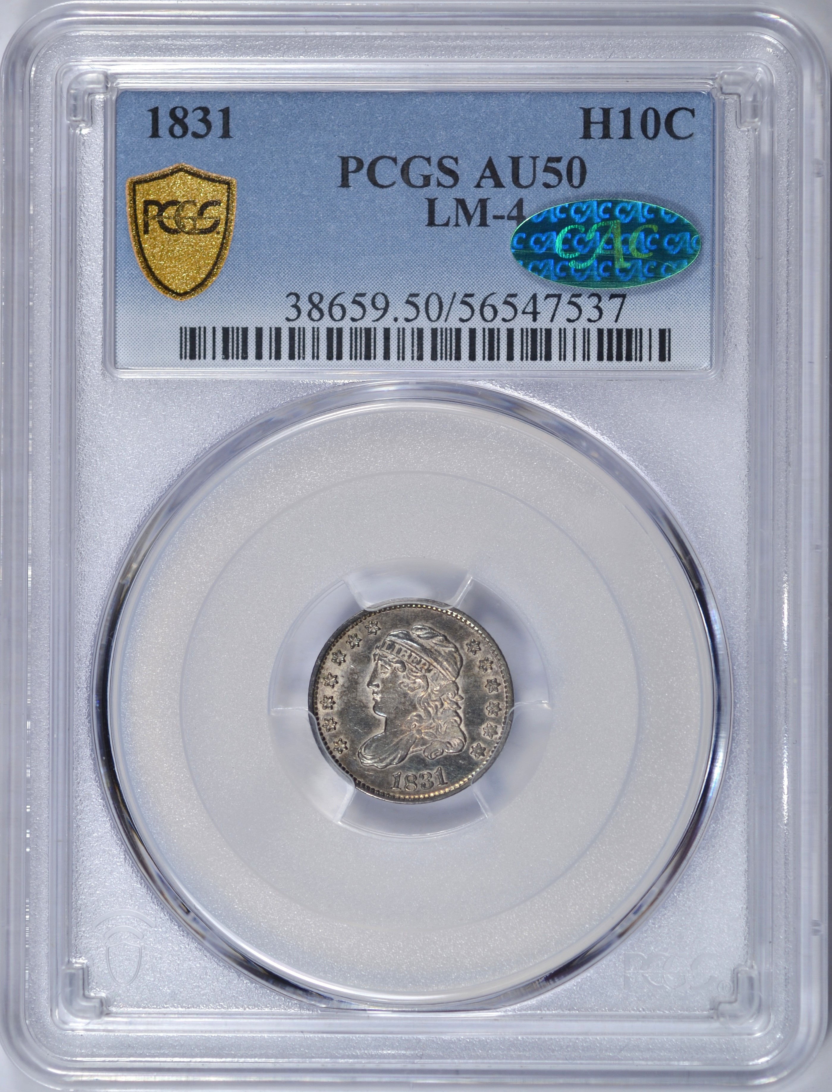 1831 CAPPED BUST HALF DIME PCGS AU50 CAC LM-4 BEAUTIFUL TONING