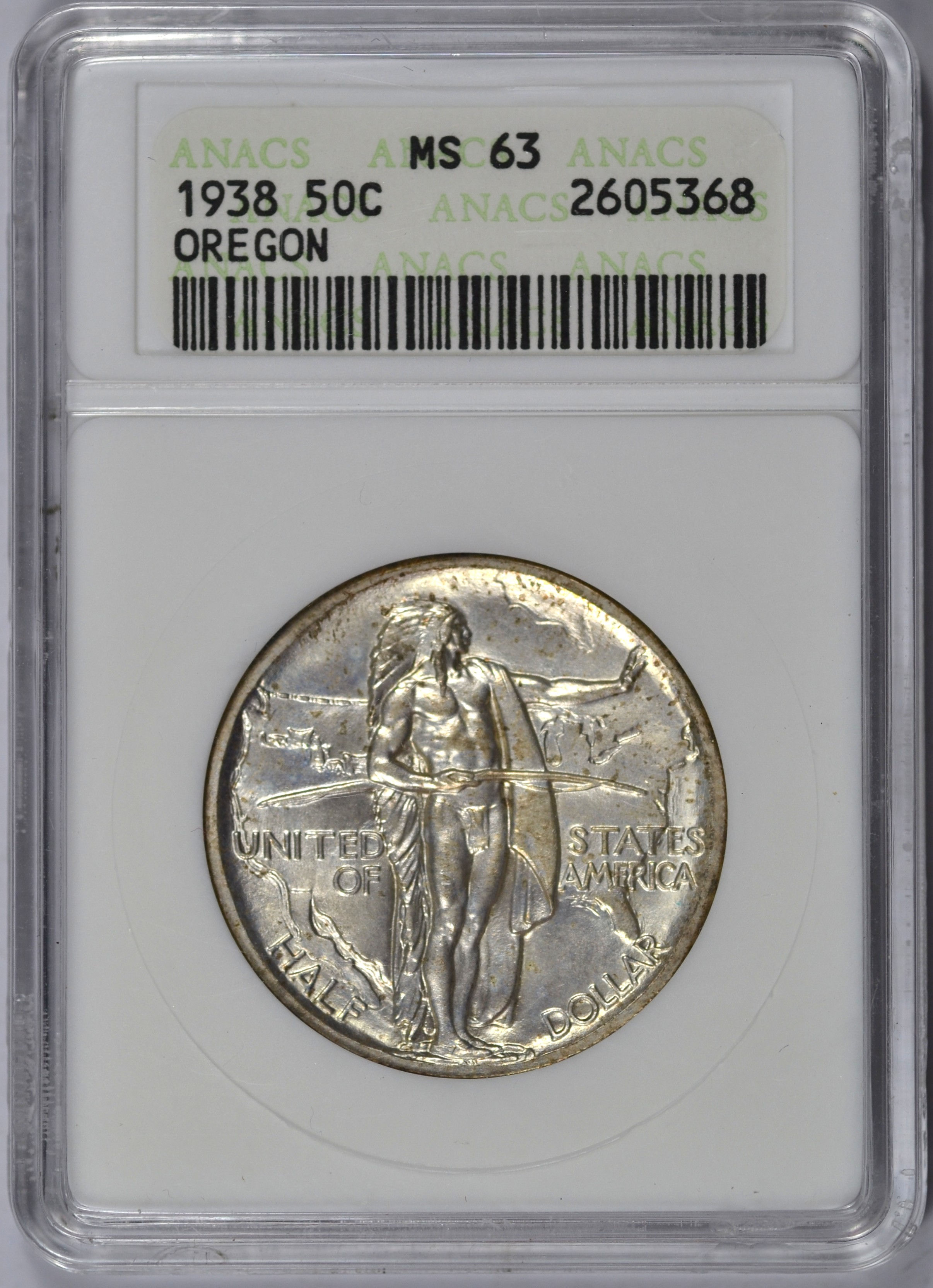 1938 OREGON TRAIL HALF DOLLAR ANACS MS63 CHOICE BU COMMEMORATIVE