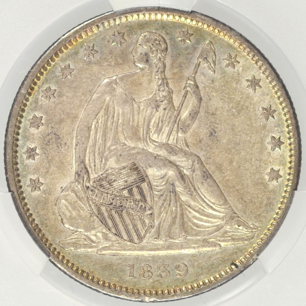 Thumbnail: 1839 SEATED LIBERTY HALF DOLLAR DRAPERY CACG AU58 CAC SILKY ORIGINAL COIN