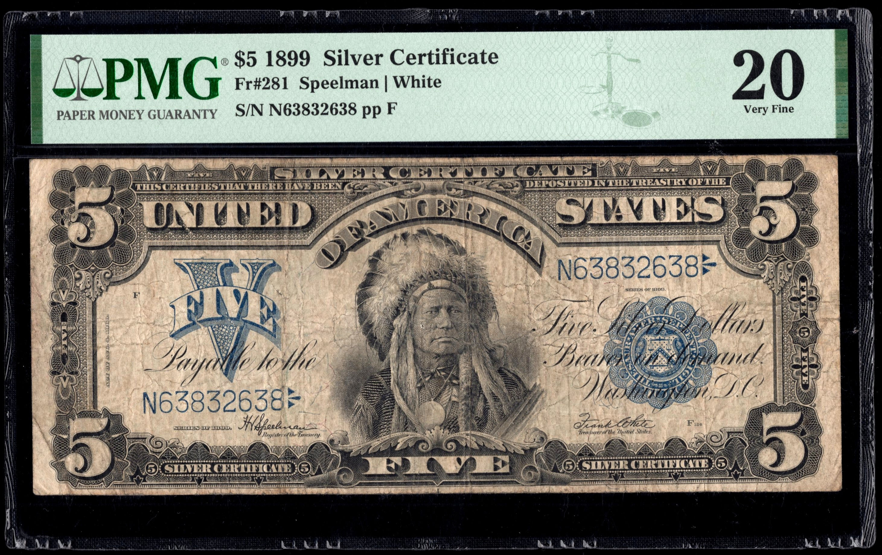 1899 $5 FIVE SILVER CERTIFICATE CHIEF LARGE SIZE FR. 281 PMG 20 VERY FINE