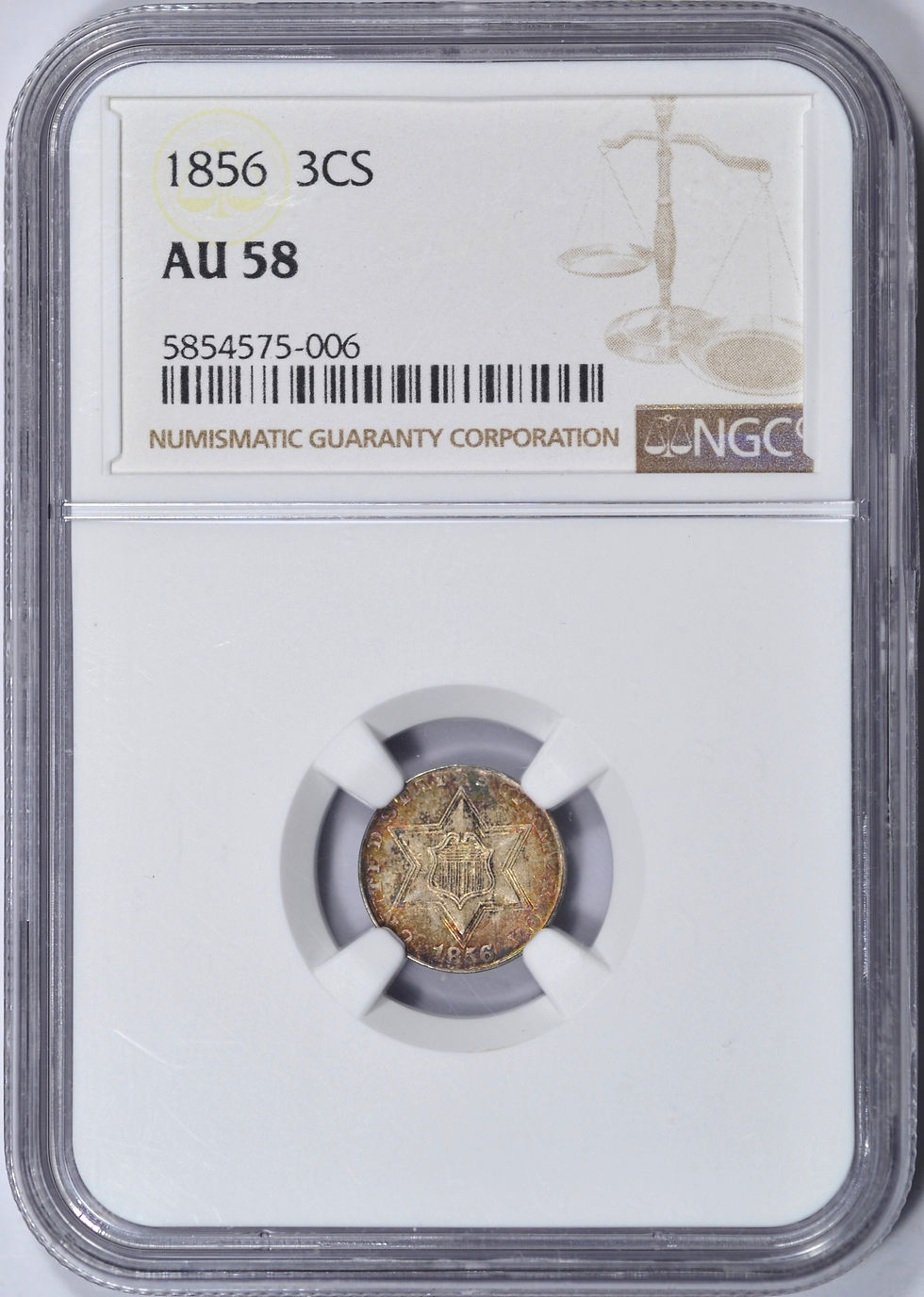 Thumbnail: 1856 THREE CENT SILVER NGC AU58 RAINBOW TONED BEAUTIFUL