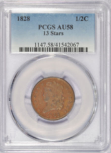 1828 CLASSIC HEAD HALF CENT PCGS AU58 13 STARS NICE EXAMPLE