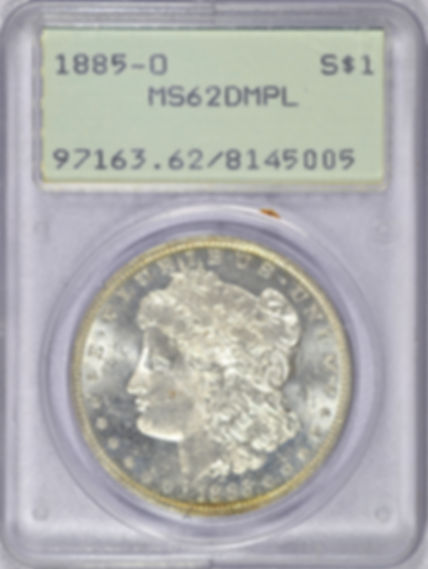 1885-O MORGAN SILVER DOLLAR PCGS MS62 DMPL OGH RATTLER BU