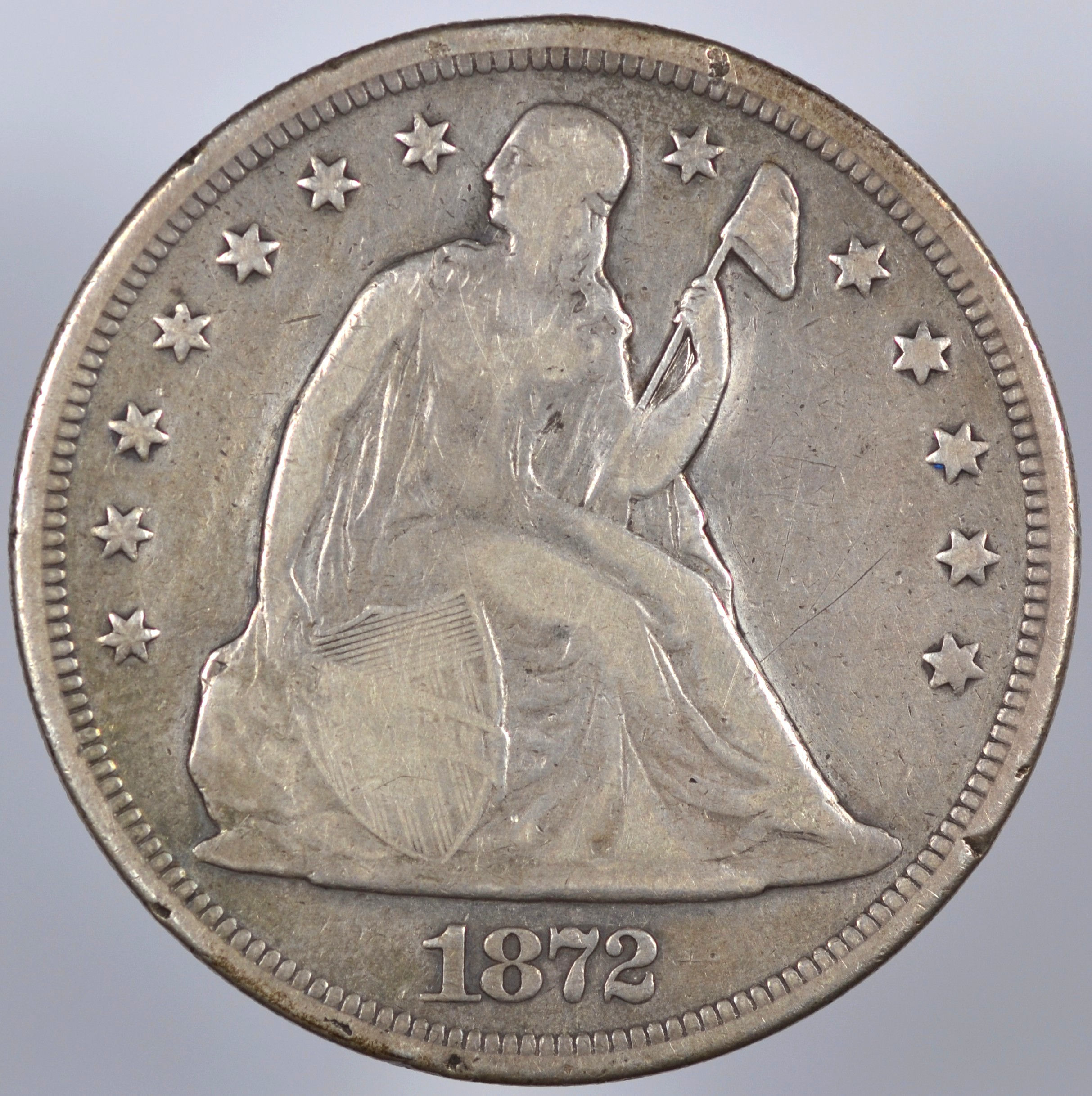 1872 SEATED LIBERTY SILVER DOLLAR VG TOUGH TYPE COIN