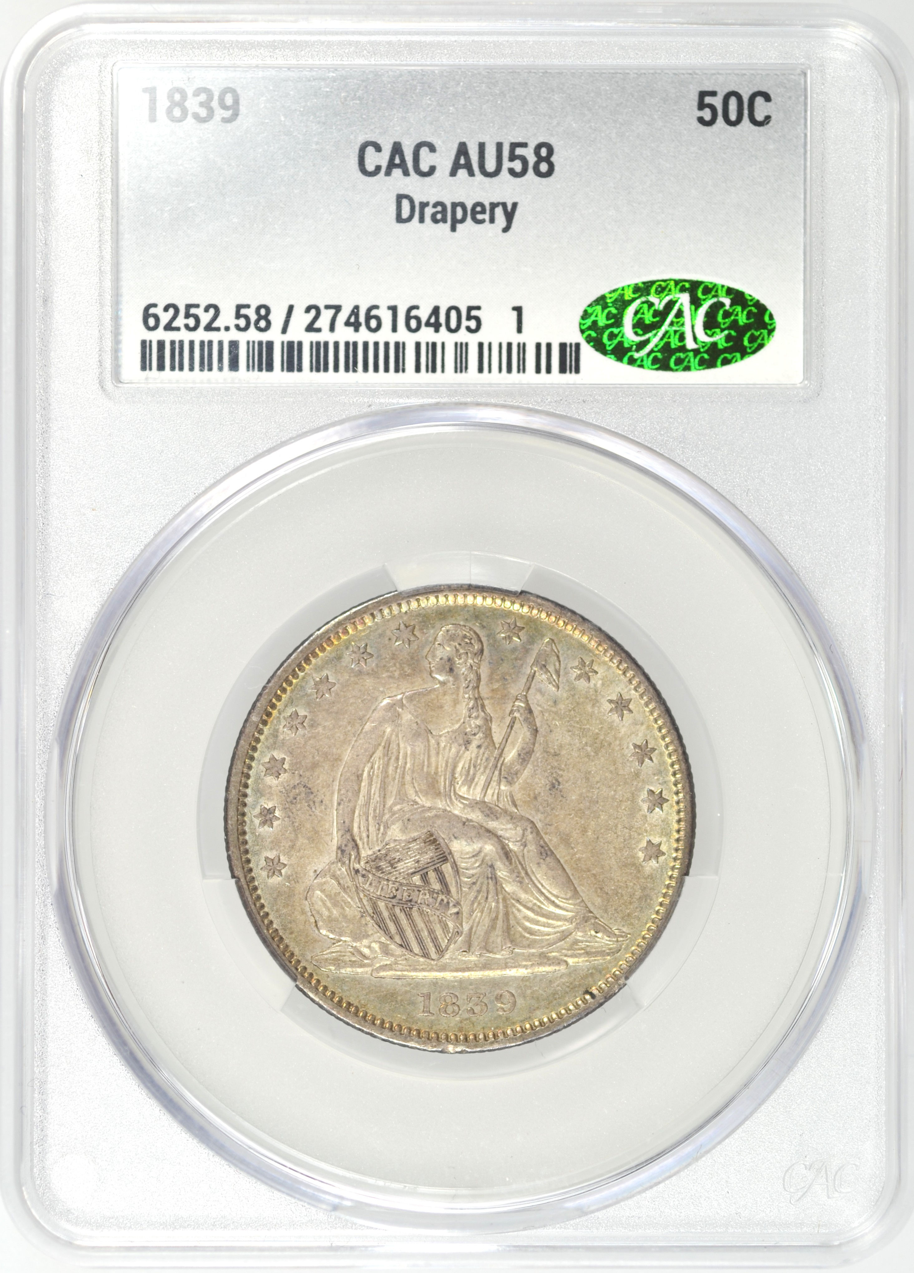 1839 SEATED LIBERTY HALF DOLLAR DRAPERY CACG AU58 CAC SILKY ORIGINAL COIN