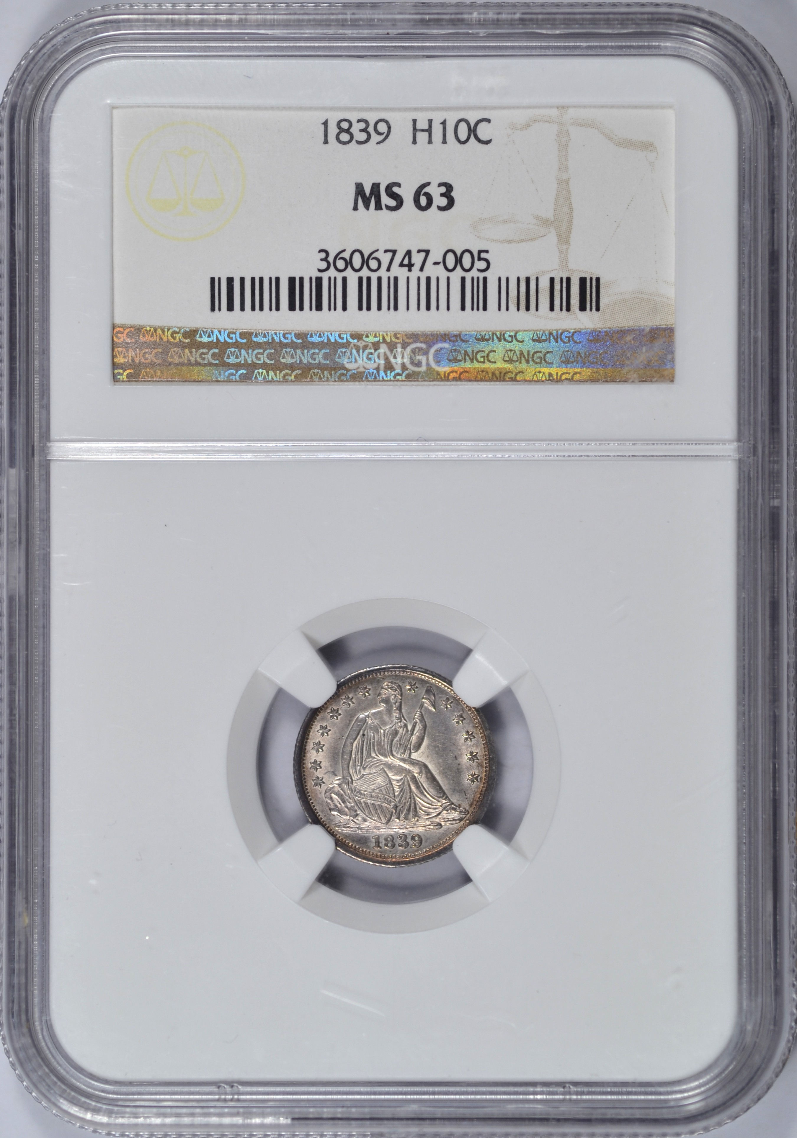 1839 SEATED LIBERTY HALF DIME NGC MS63 NICE COIN