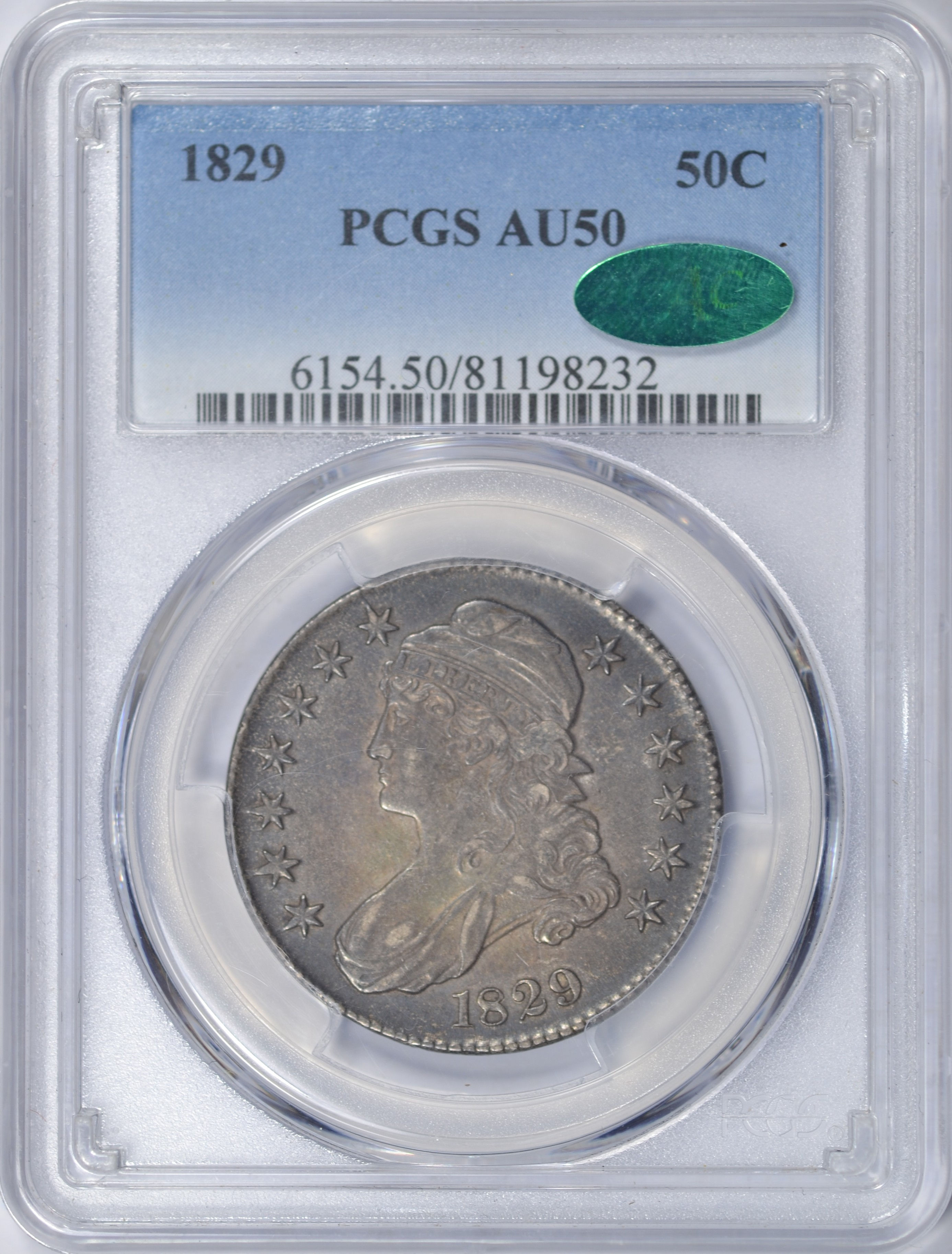 1829 CAPPED BUST HALF DOLLAR PCGS AU50 CAC O-108 R2 SM LT NICE COIN