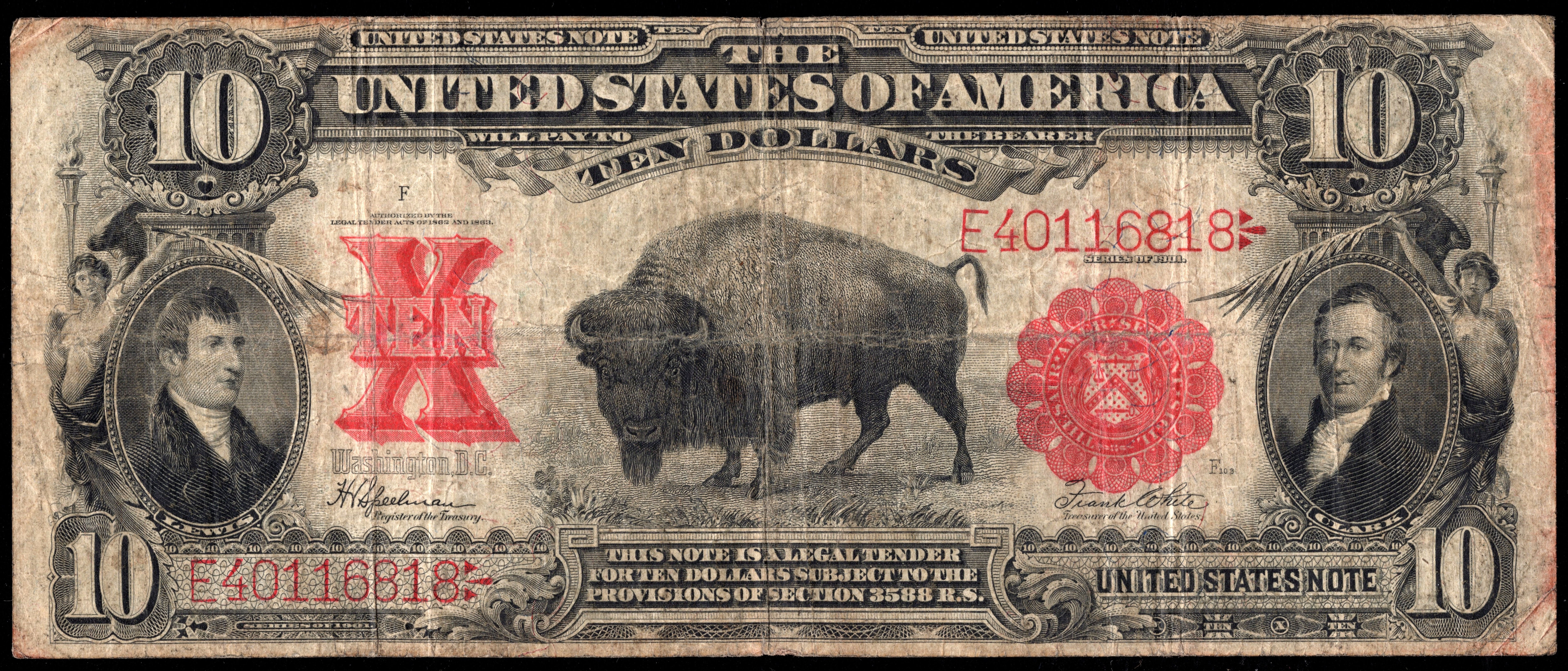 1901 $10 LEGAL TENDER BISON NOTE FINE FR. 122