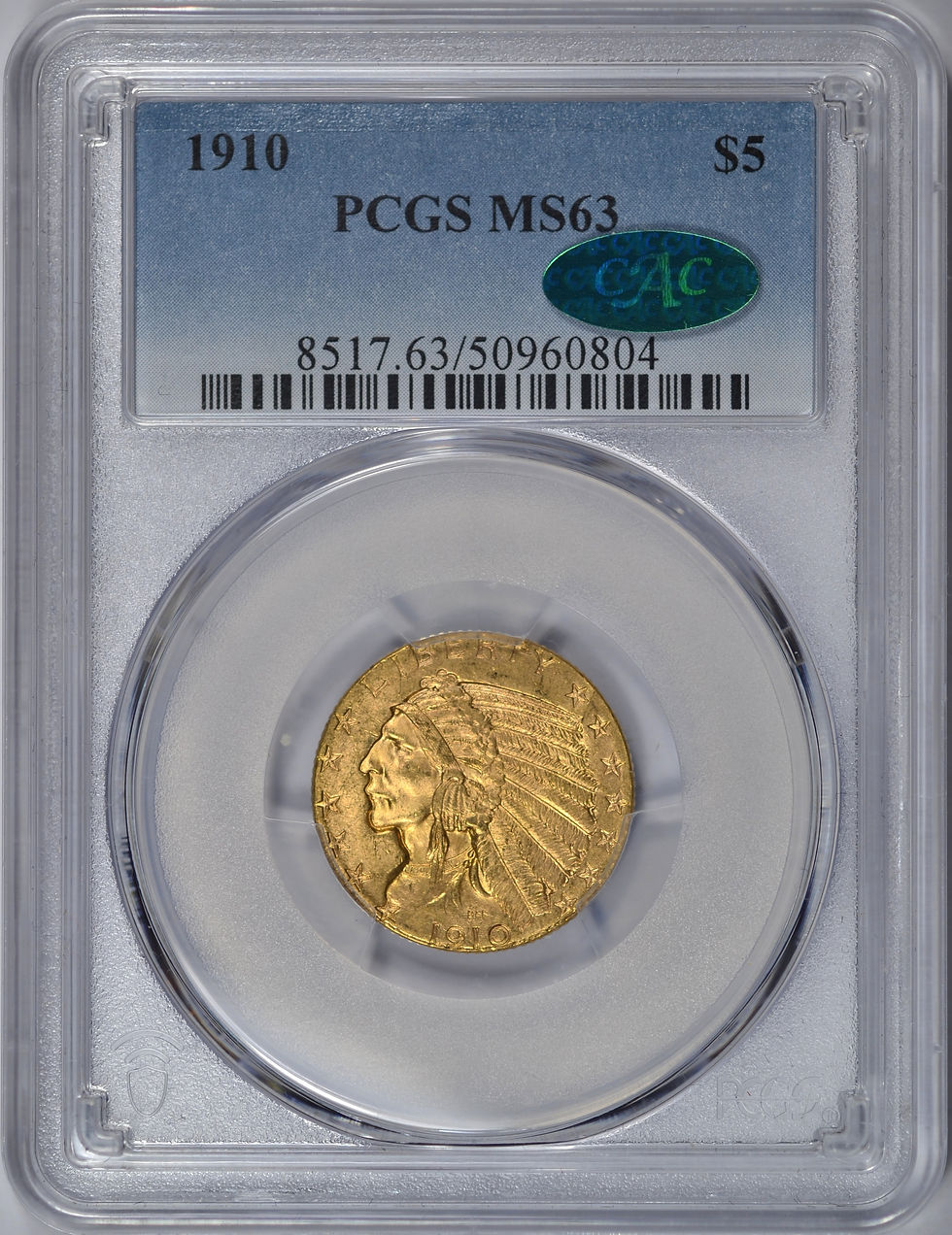 Thumbnail: 1910 $5 GOLD INDIAN PCGS MS63 CAC CHOICE BU HALF EAGLE