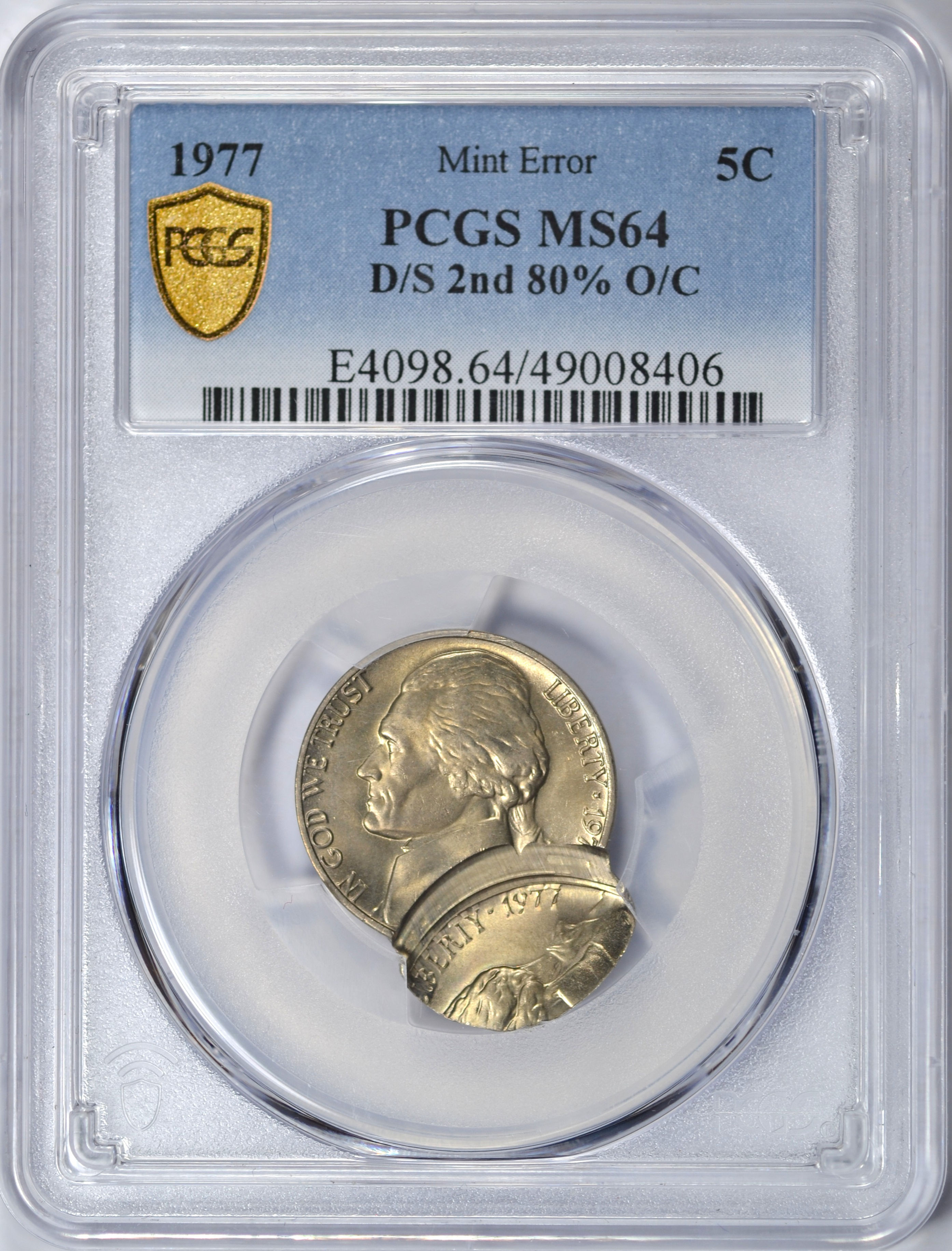 1977 JEFFERSON NICKEL DOUBLE STRUCK OFF CENTER PCGS MS64 MINT ERROR NICE