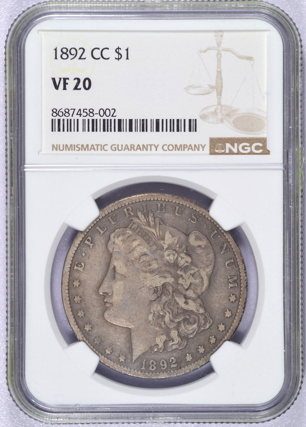 Thumbnail: 1892-CC MORGAN SILVER DOLLAR NGC VF20 SEMI-KEY DATE CIRCULATED CARSON CITY