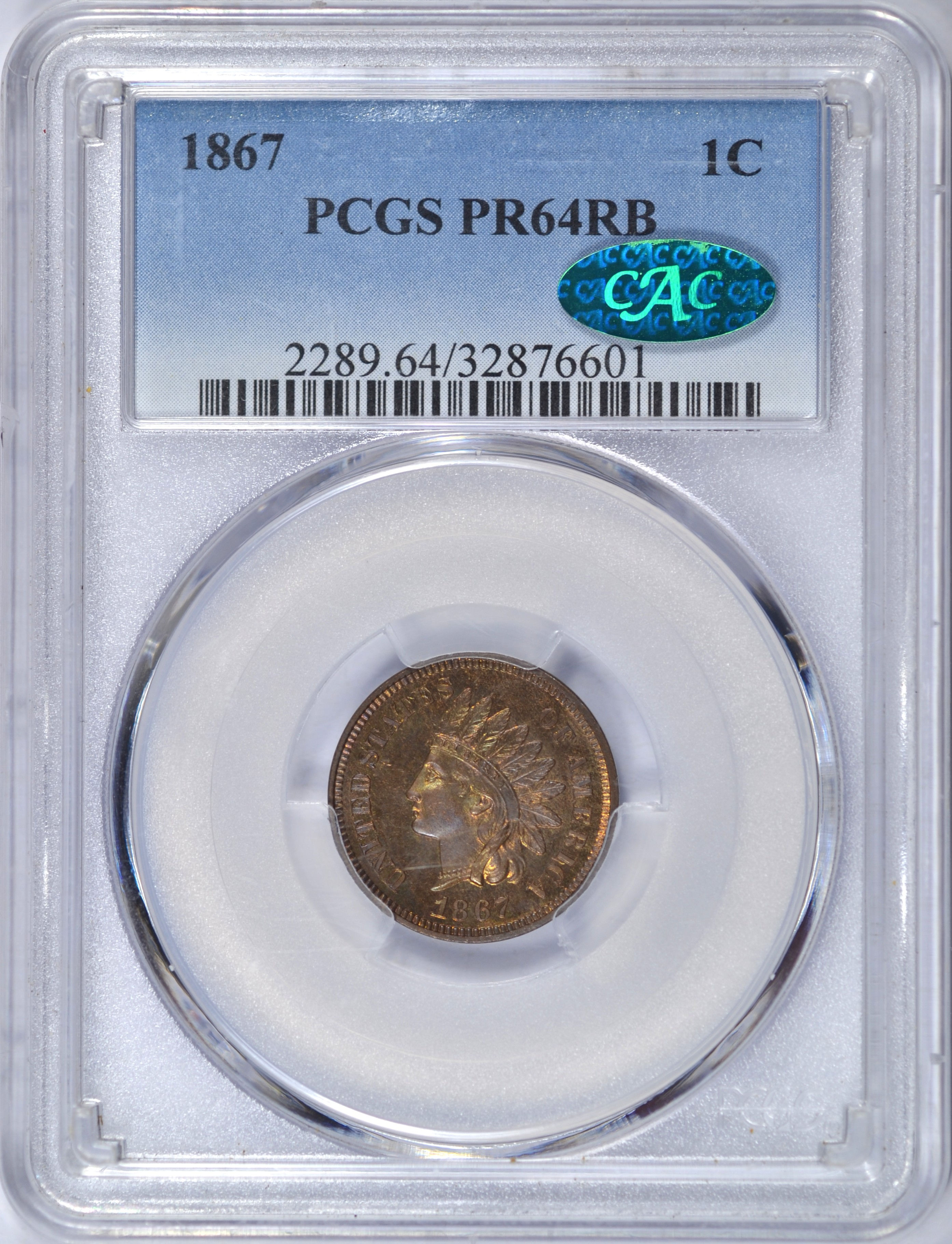 1867 INDIAN HEAD CENT PCGS PR64 RB CAC TOUGH DATE IN PROOF