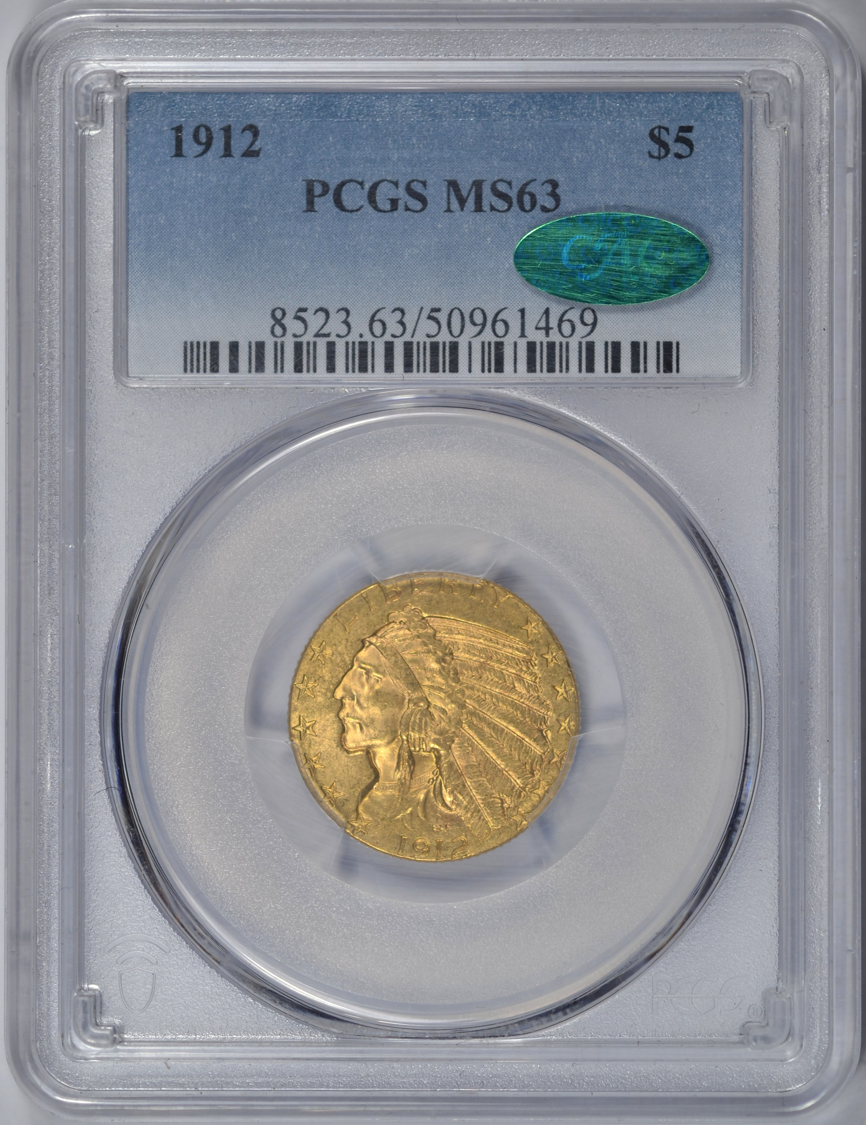 1912 $5 GOLD INDIAN PCGS MS63 CAC CHOICE BU HALF EAGLE