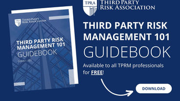 Guidebook cover titled "Third Party Risk Management 101," dark blue background, logo of Third Party Risk Association, Edition 1 - 2023.