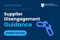 Blue background with text: "New Resource TPRA Resources Supplier Disengagement Guidance." An illustration of a broken chain link. "Download Now" button.