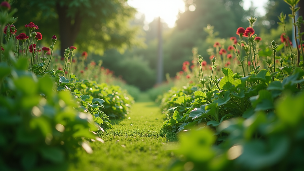 Eye-level view of a lush green garden with diverse plants