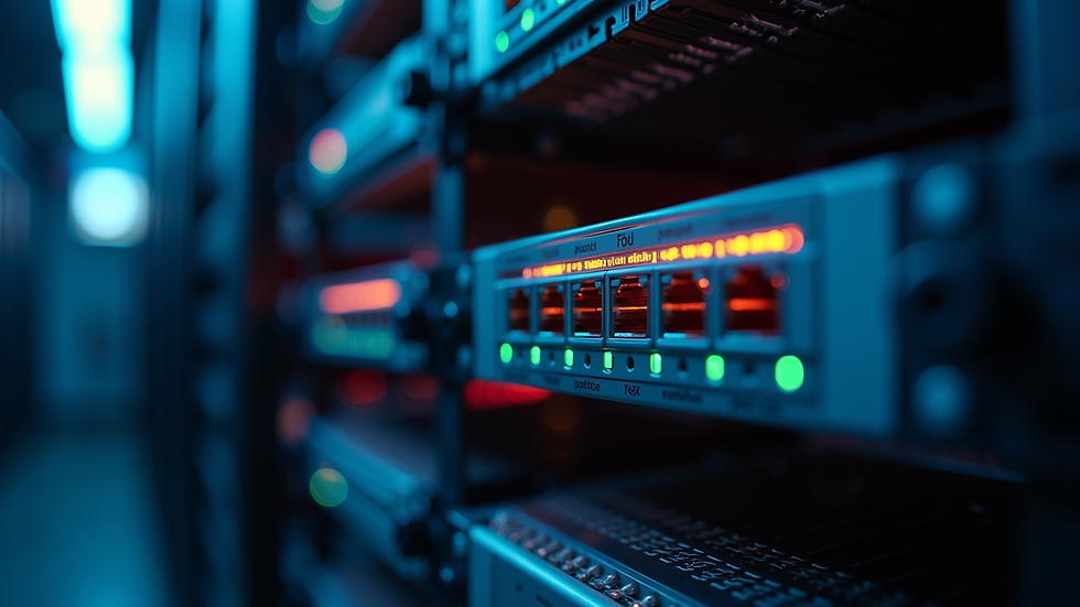 Close-up view of a network server rack with blinking lights