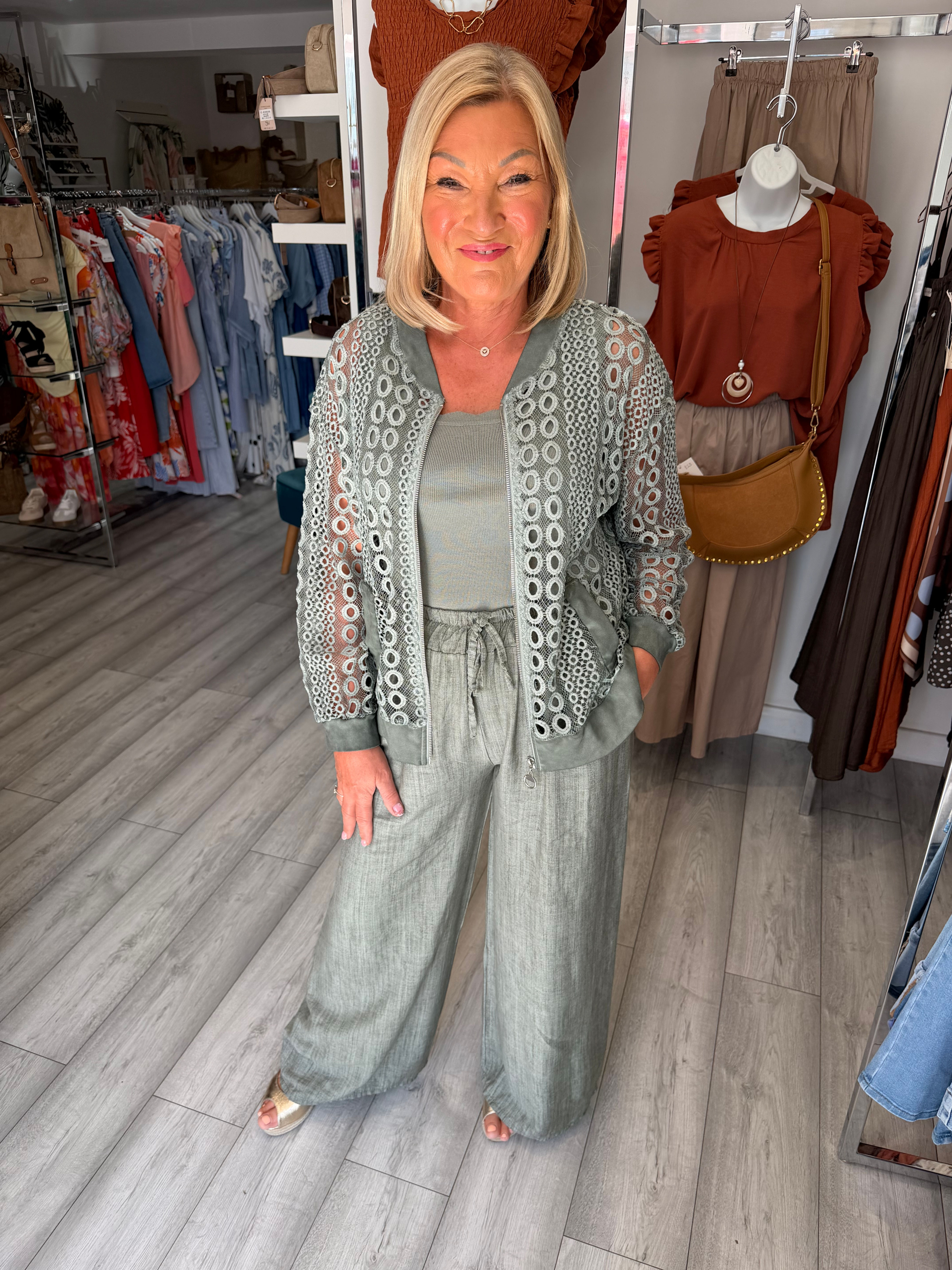 Mila Crochet Zip Cardigan - Khaki
