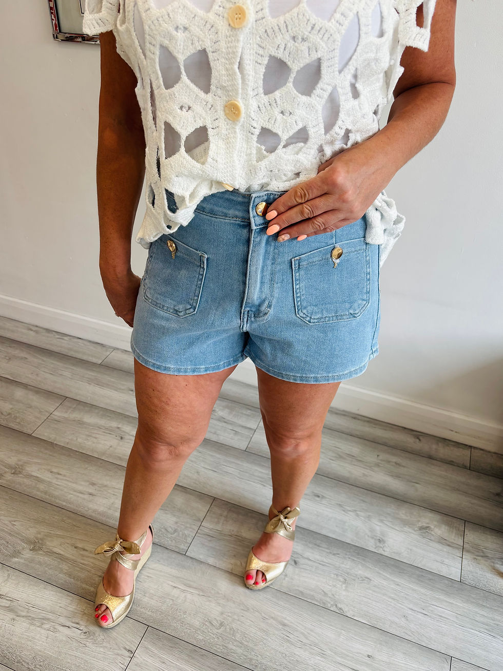 Thumbnail: Gold Button Denim Pocket Shorts