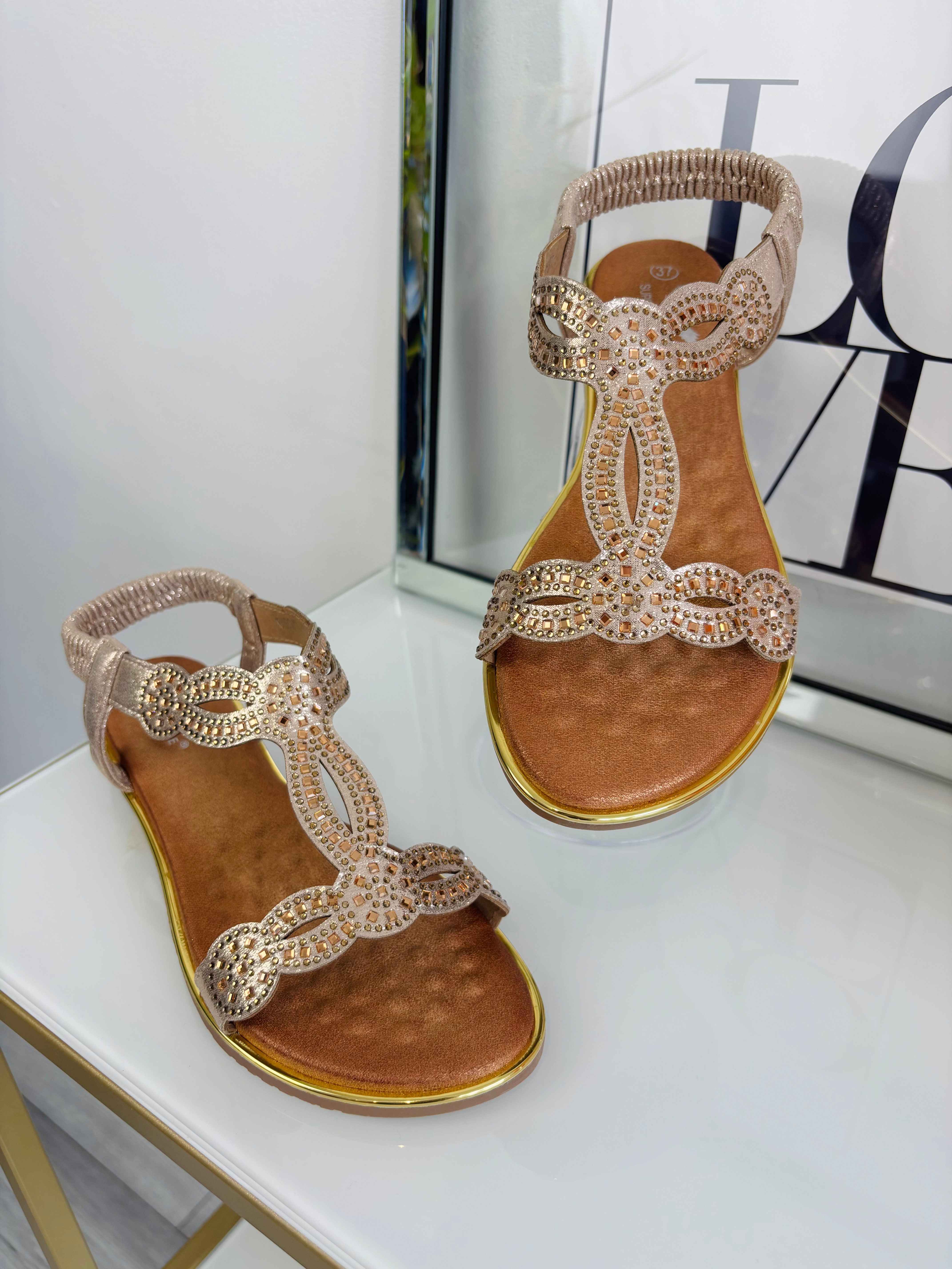 Diamanté Elastic Back Sandal - Gold