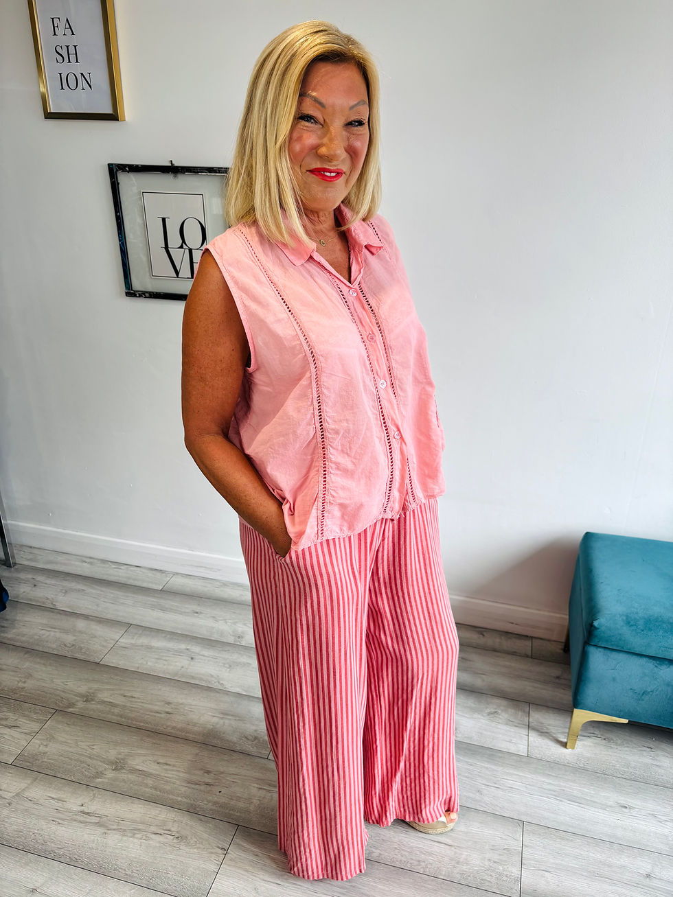 Thumbnail: The Noa Natural Stripe Linen Trouser - Pink