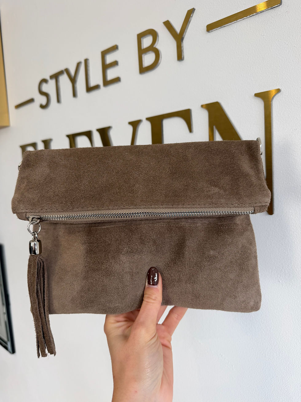 Thumbnail: Leather Suede Clutch Bag - Taupe