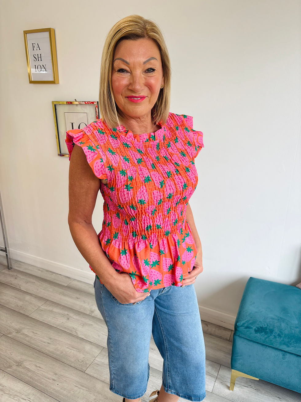 Thumbnail: Strawberry Shirred Frill Top - Pink