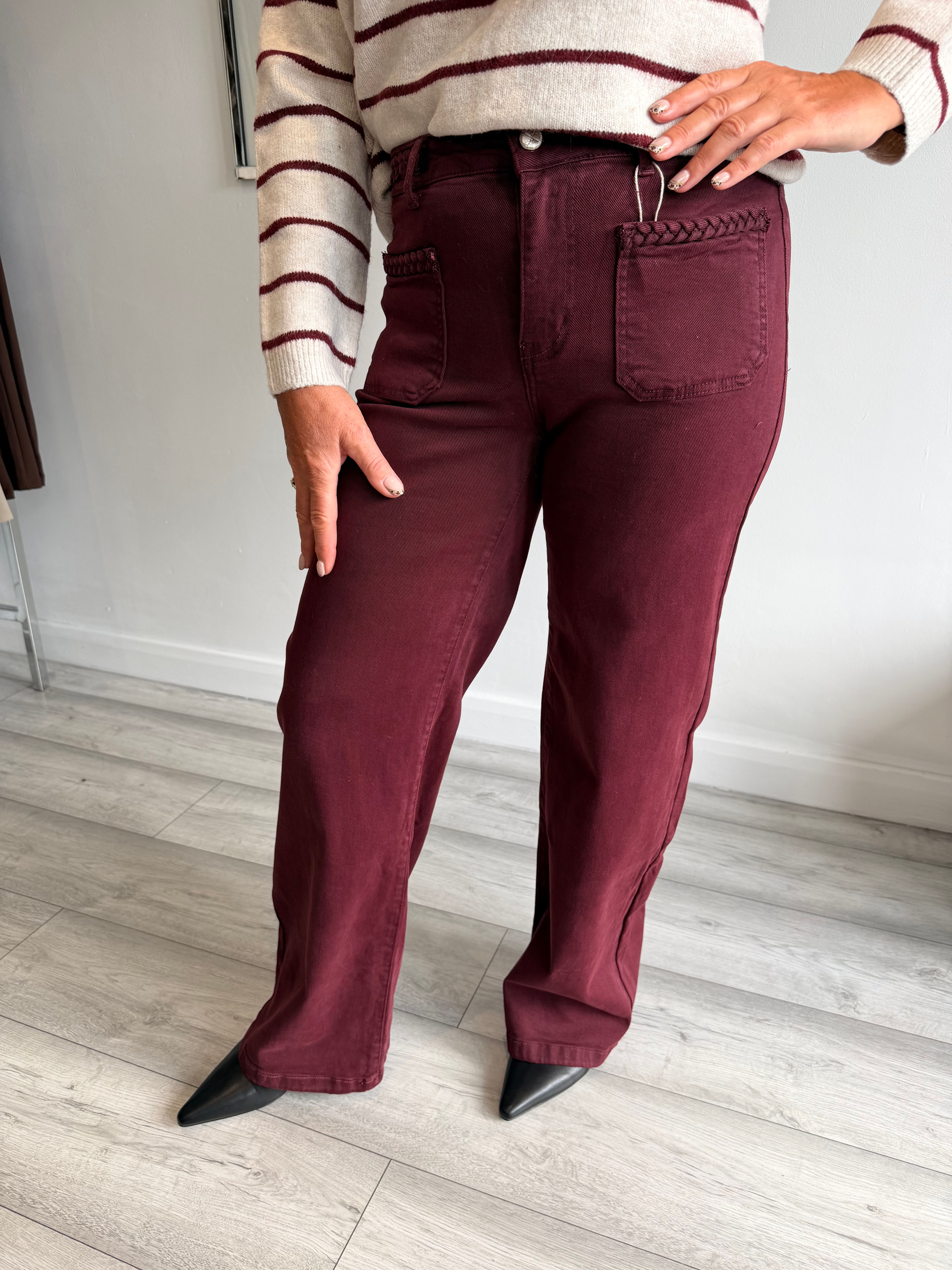 The Braided Wide Leg Jeans - Wine