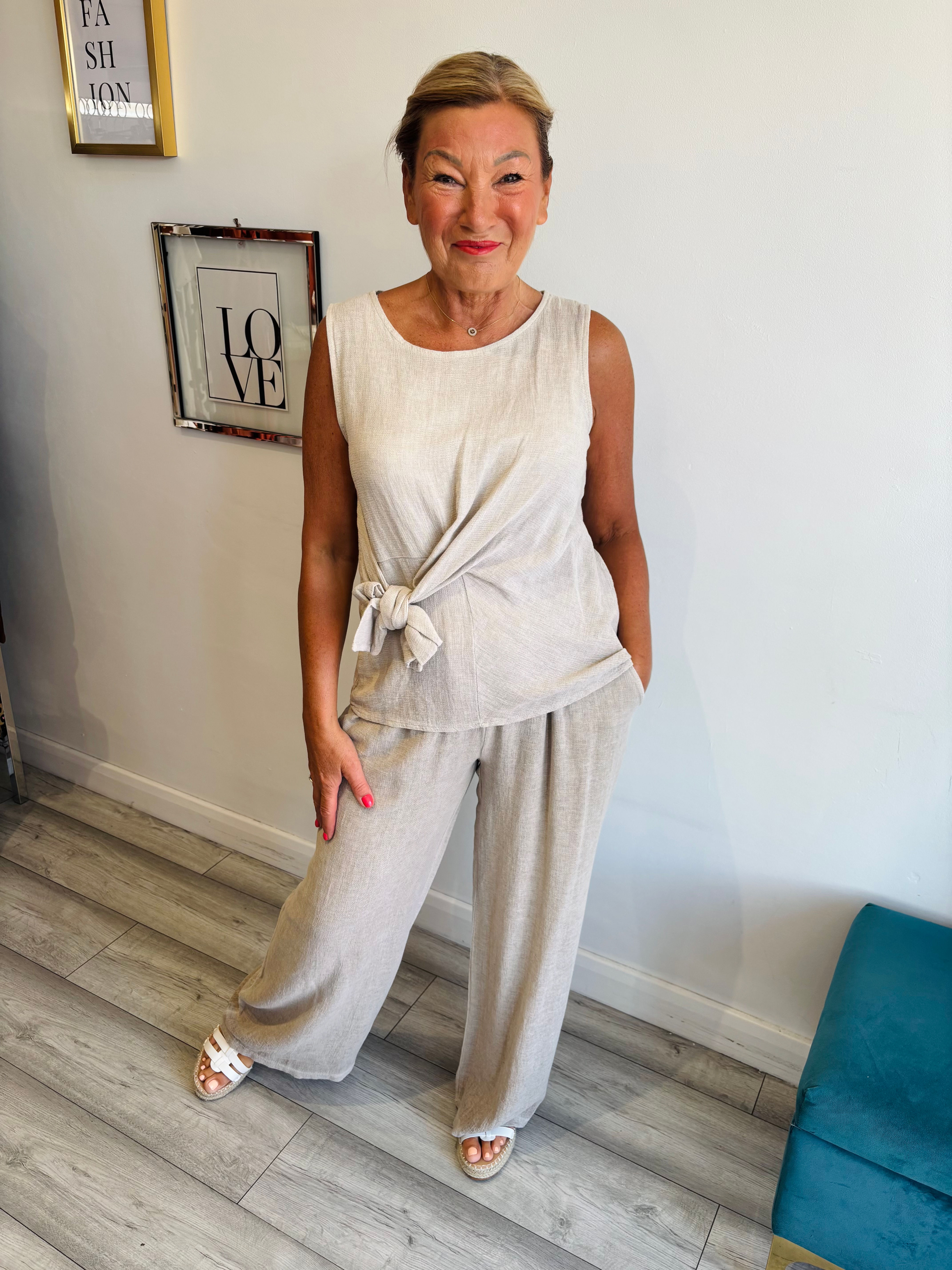 The Coastal Linen Blend Tie Top - Beige