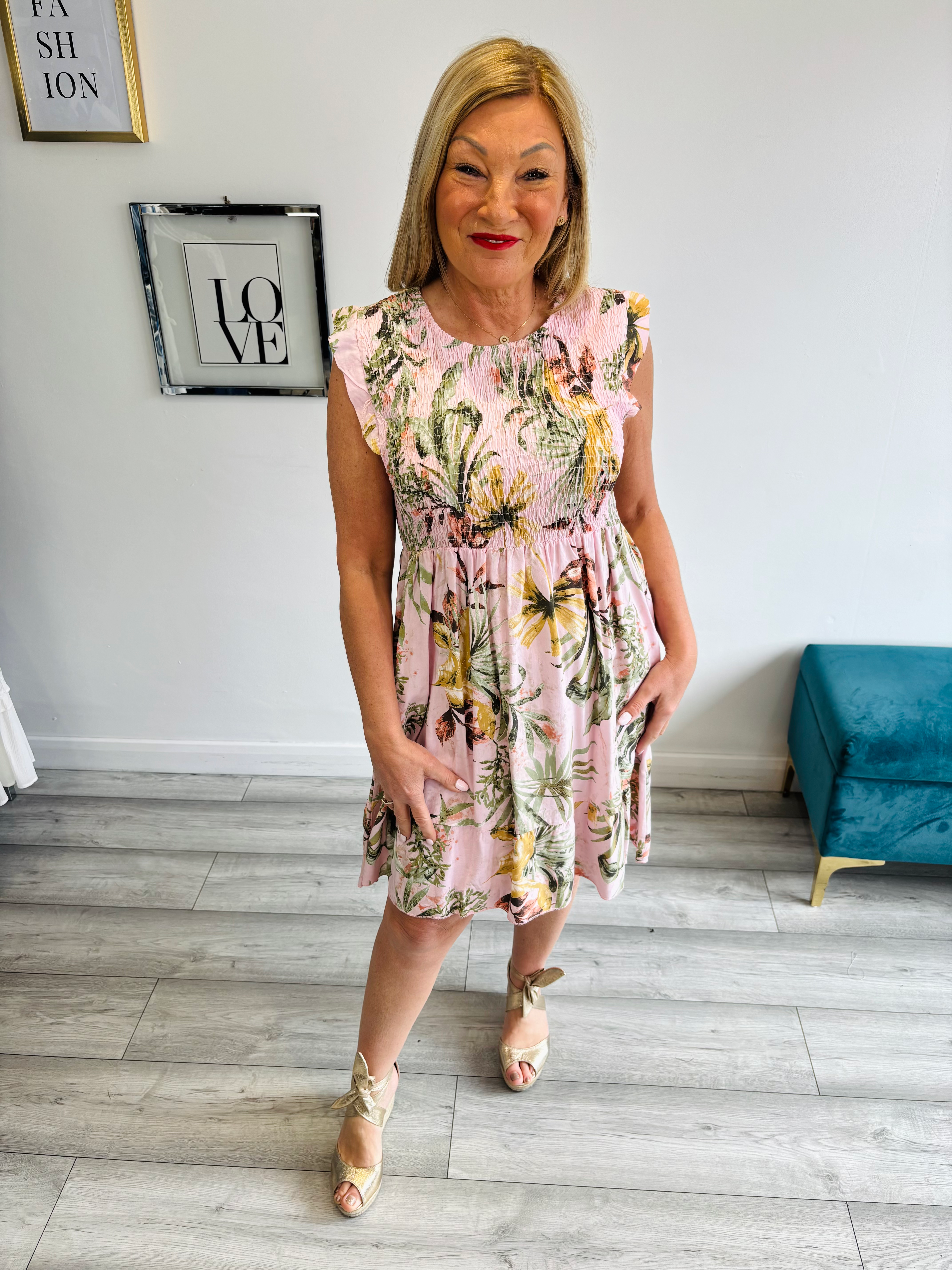 Delilah Tropical Shirred Dress - Pale Pink
