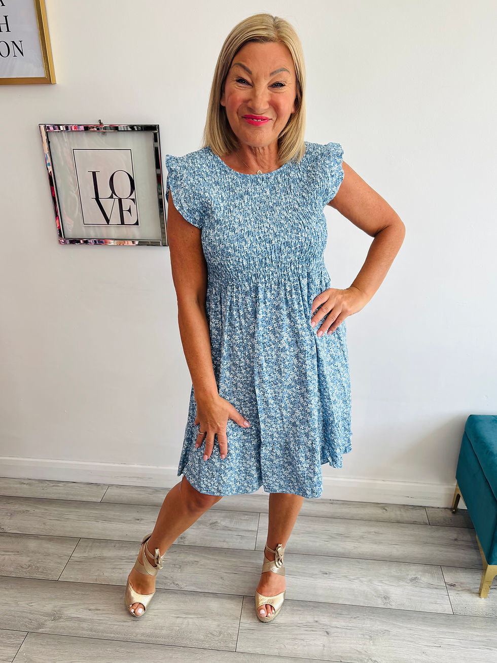 Thumbnail: Delilah Ditsy Shirred Dress - Denim Blue