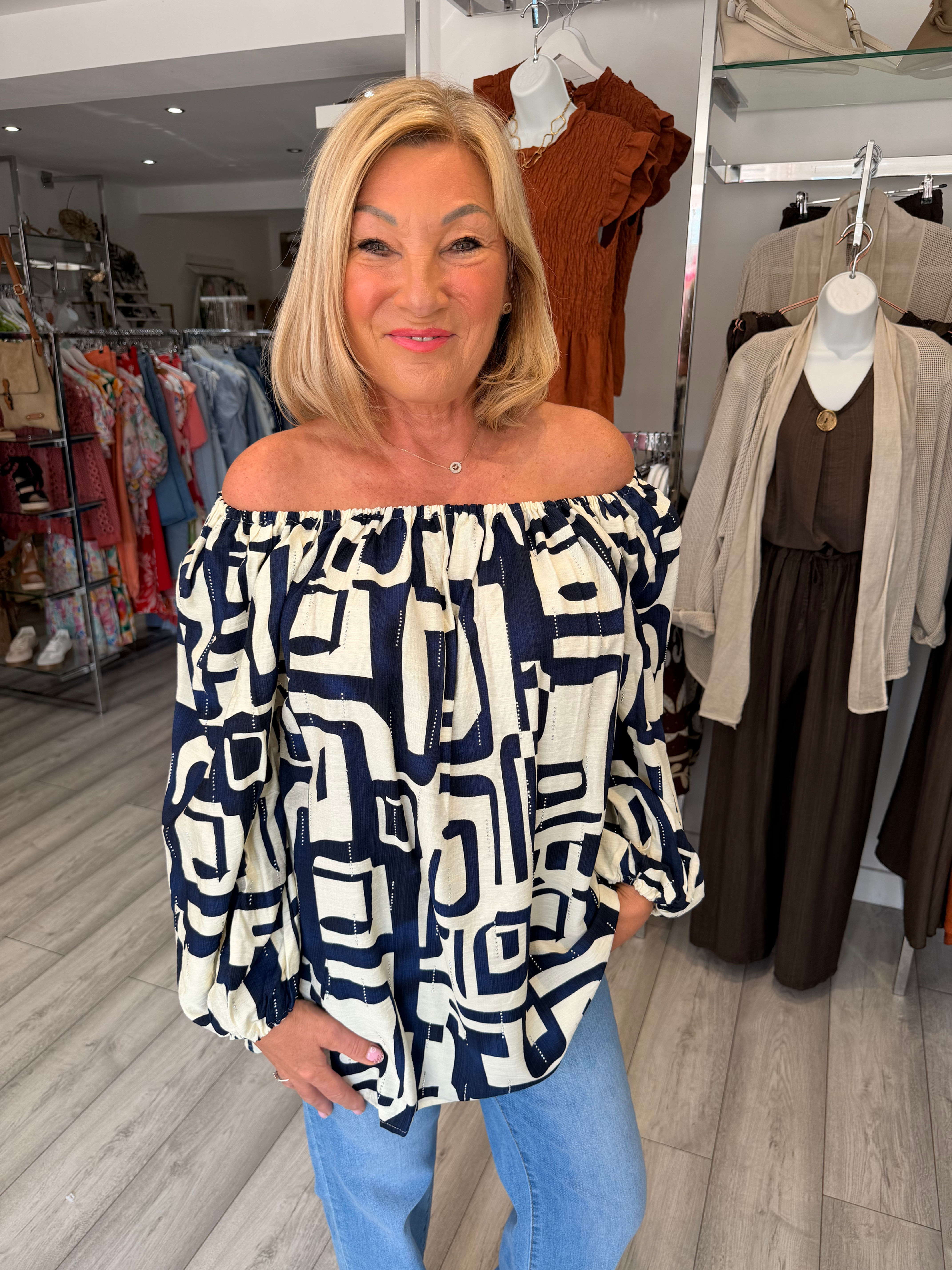 Abstract Bardot Top - Navy