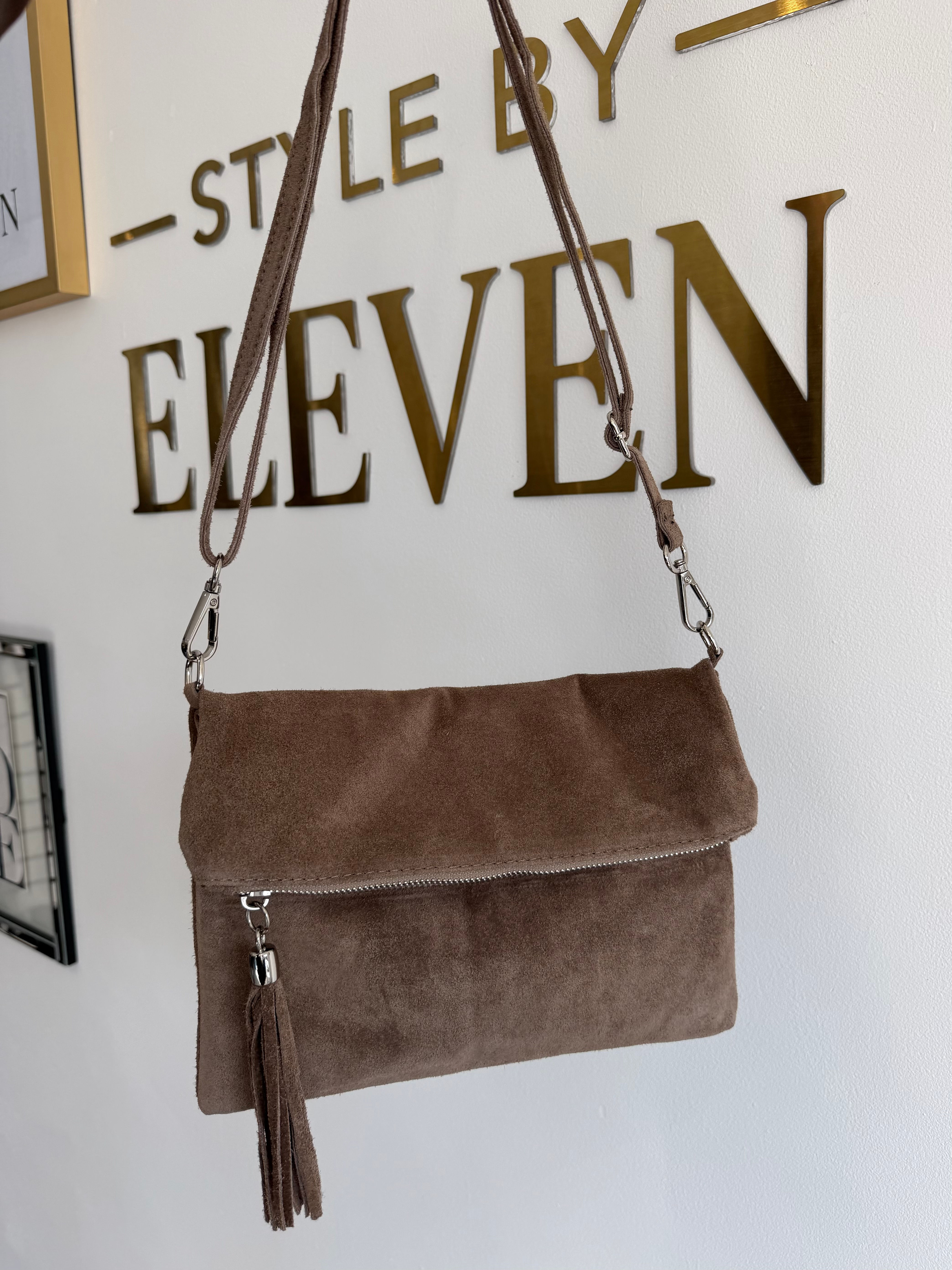 Leather Suede Clutch Bag - Taupe