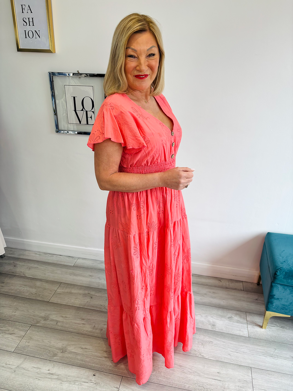 Thumbnail: Coral Embroidery Anglaise Angel Sleeve Maxi Dress
