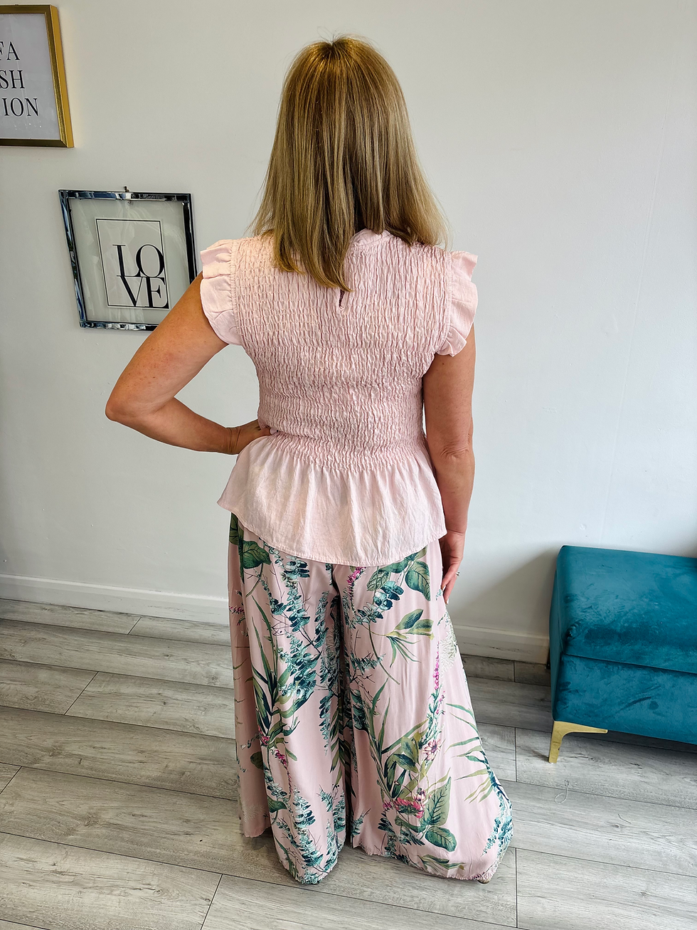 Thumbnail: Shirred Waist Wide Leg Trousers - Floral Pink