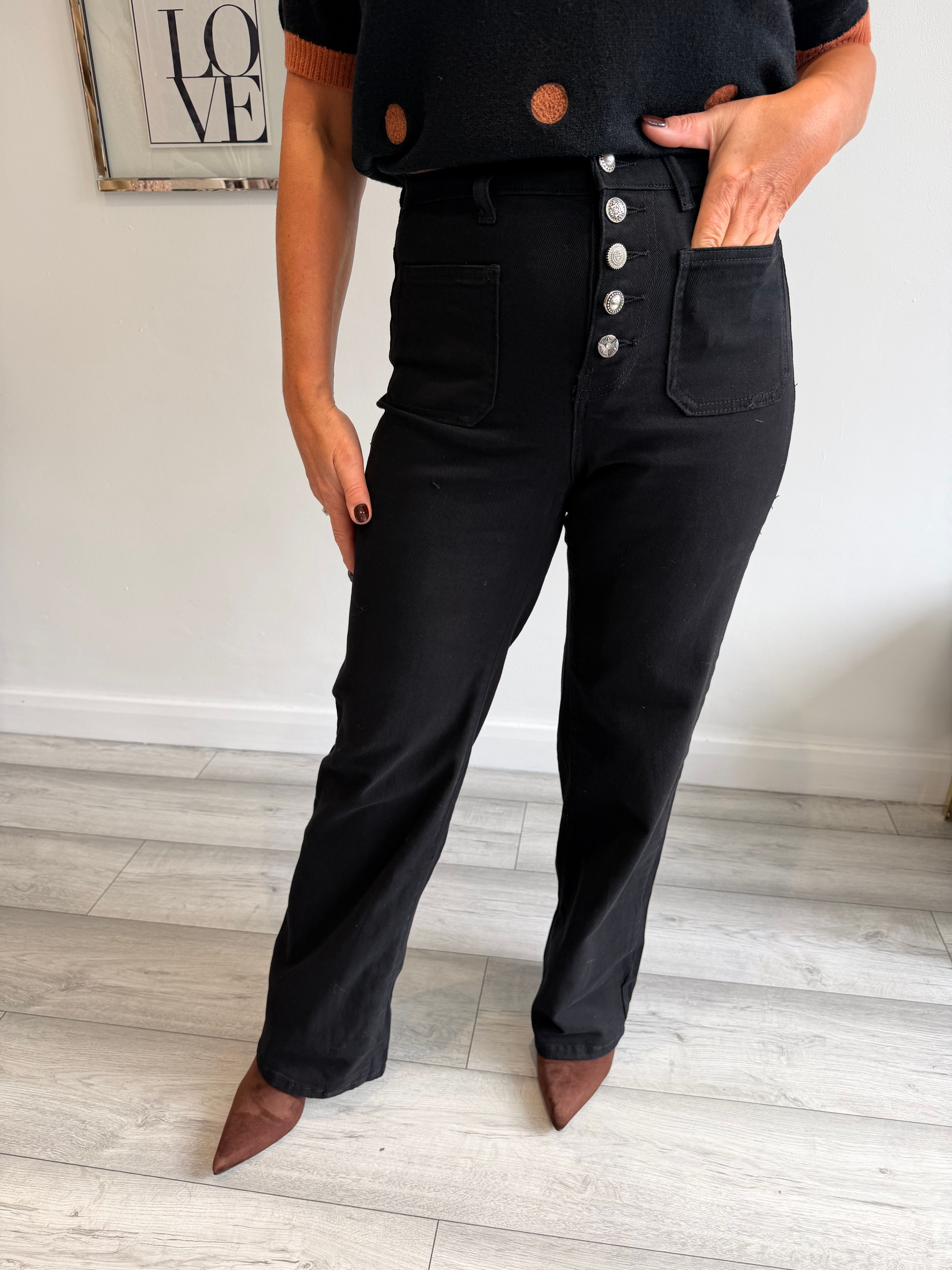 Detailed Button Wide Leg Black Jeans