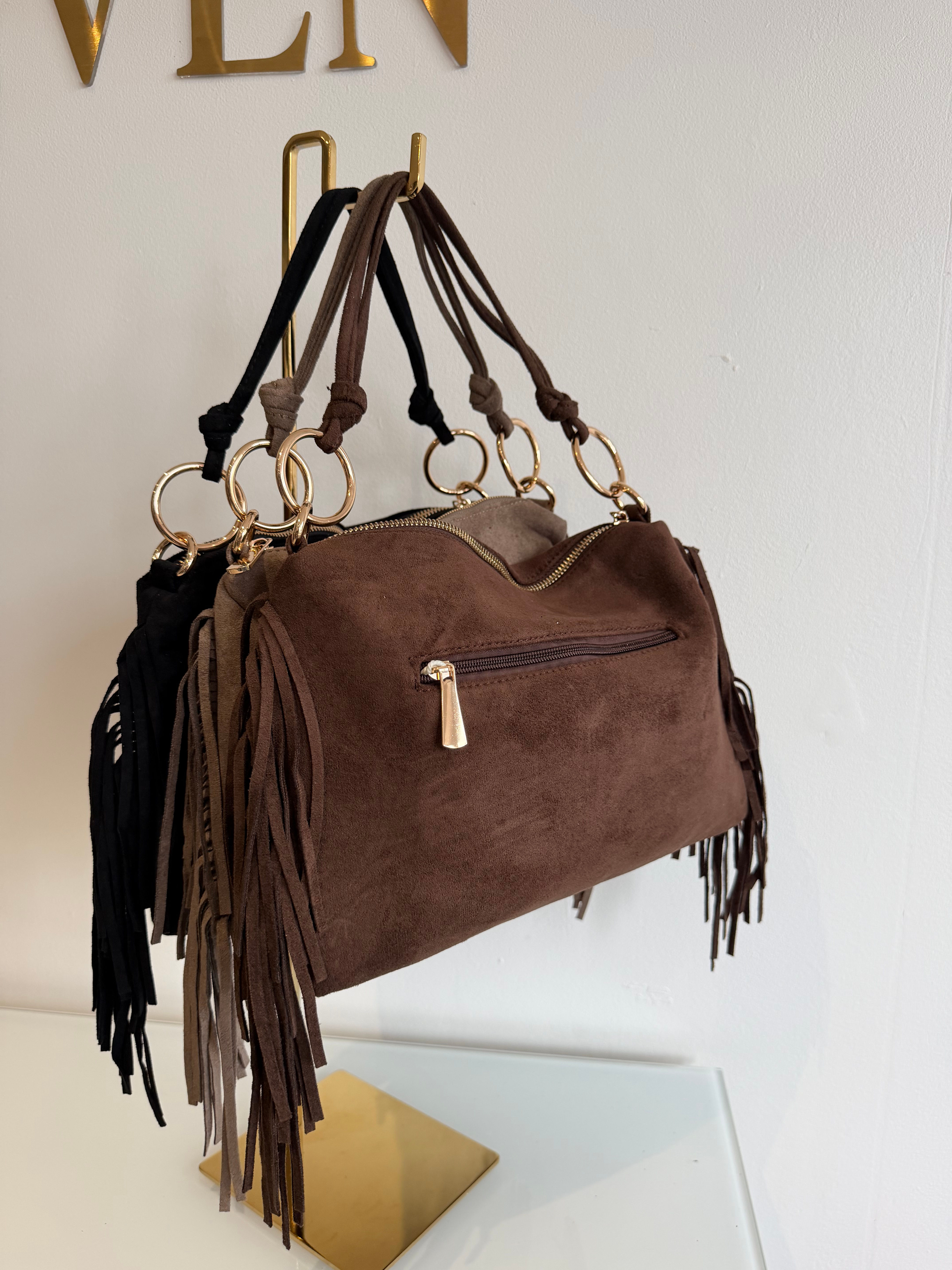 Tassel Gold Loop Suede Look Bag - Chocolate