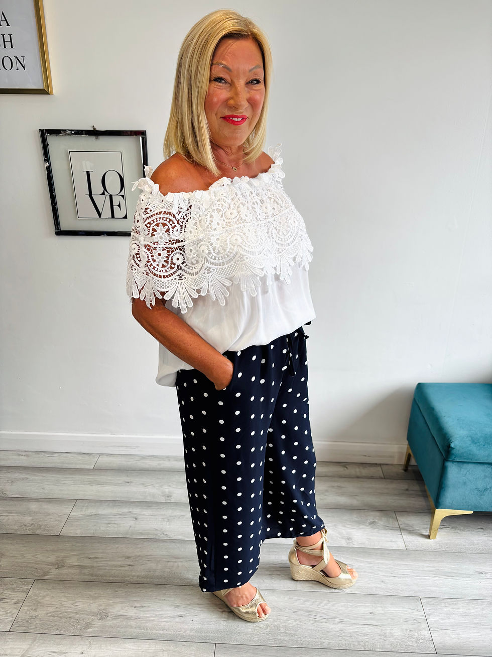 Thumbnail: Polka Wide Leg Culottes Navy