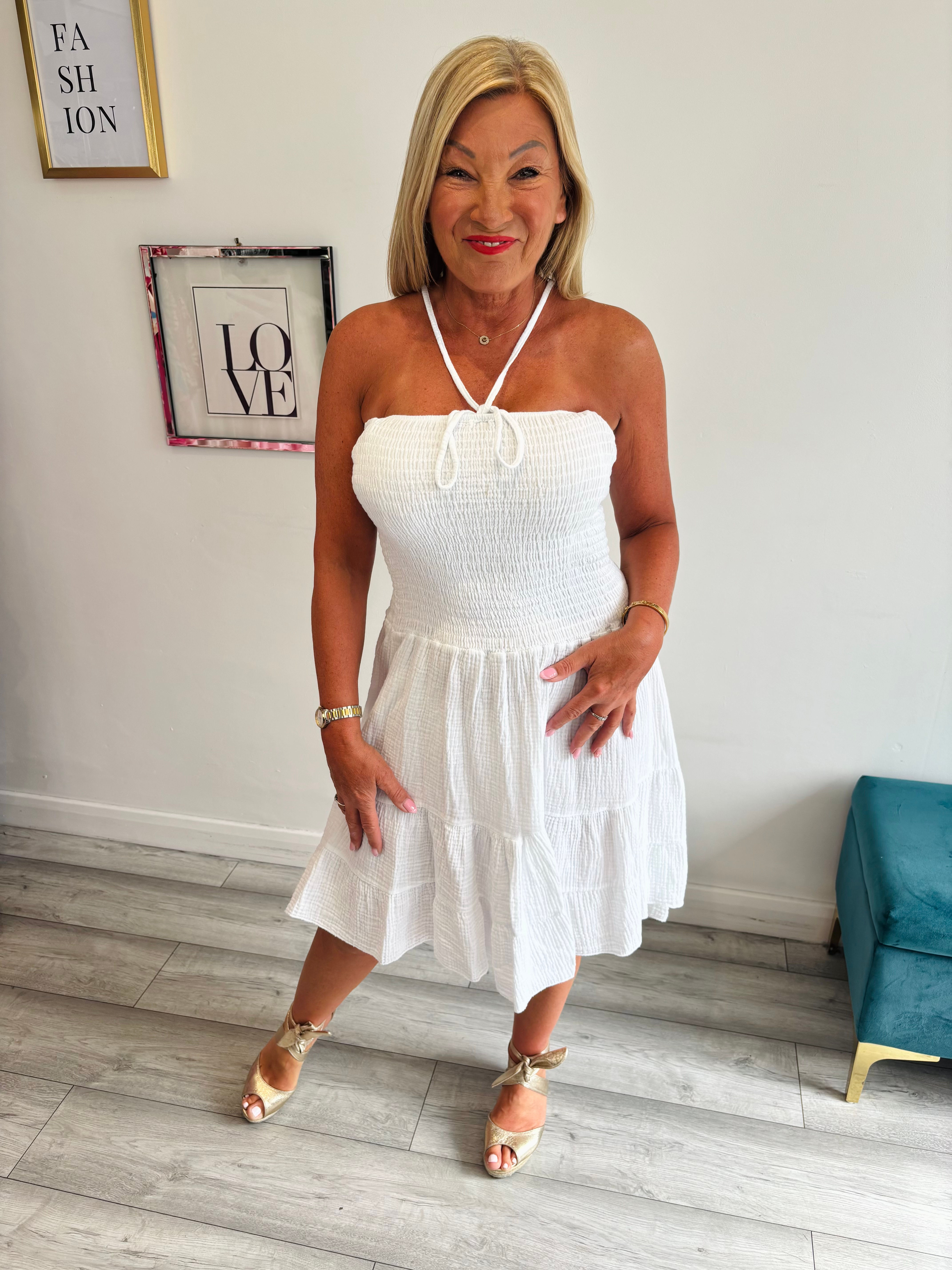 Sable Shirred Cheesecloth Dress - White