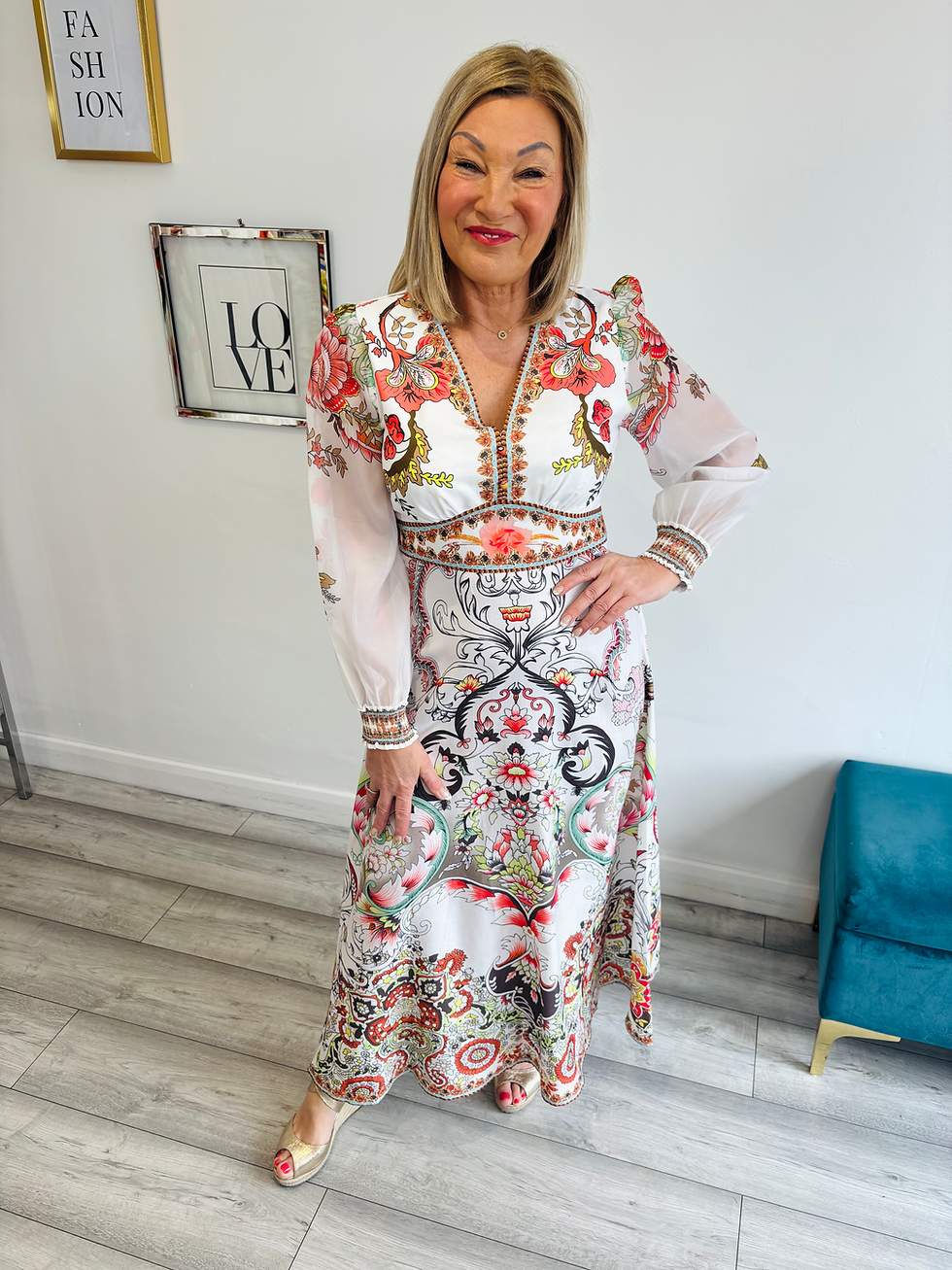 Thumbnail: The Sophia Printed Soft Coral Midi Dress