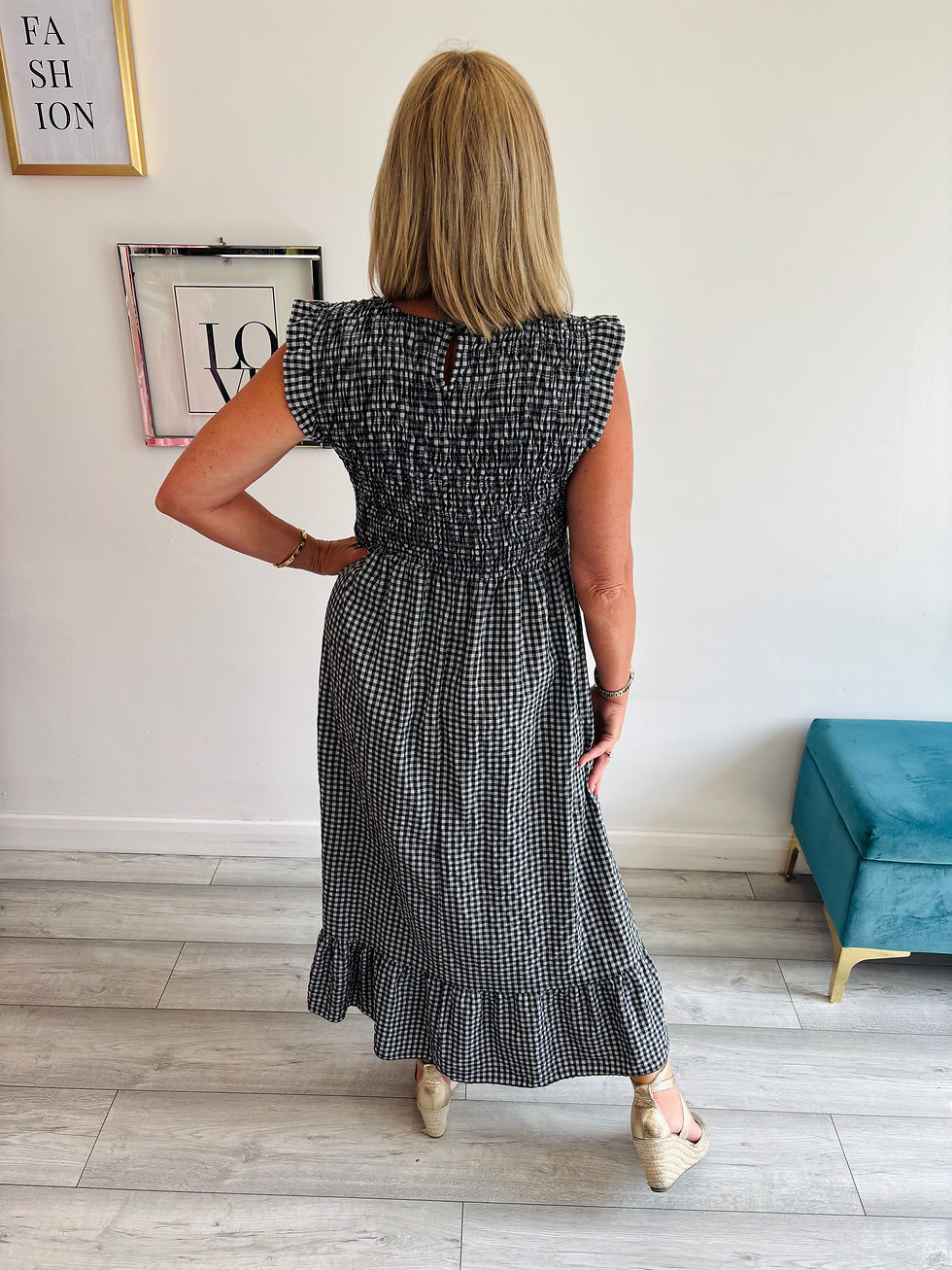 Thumbnail: Delilah Shirred Midi Dress - Black Gingham